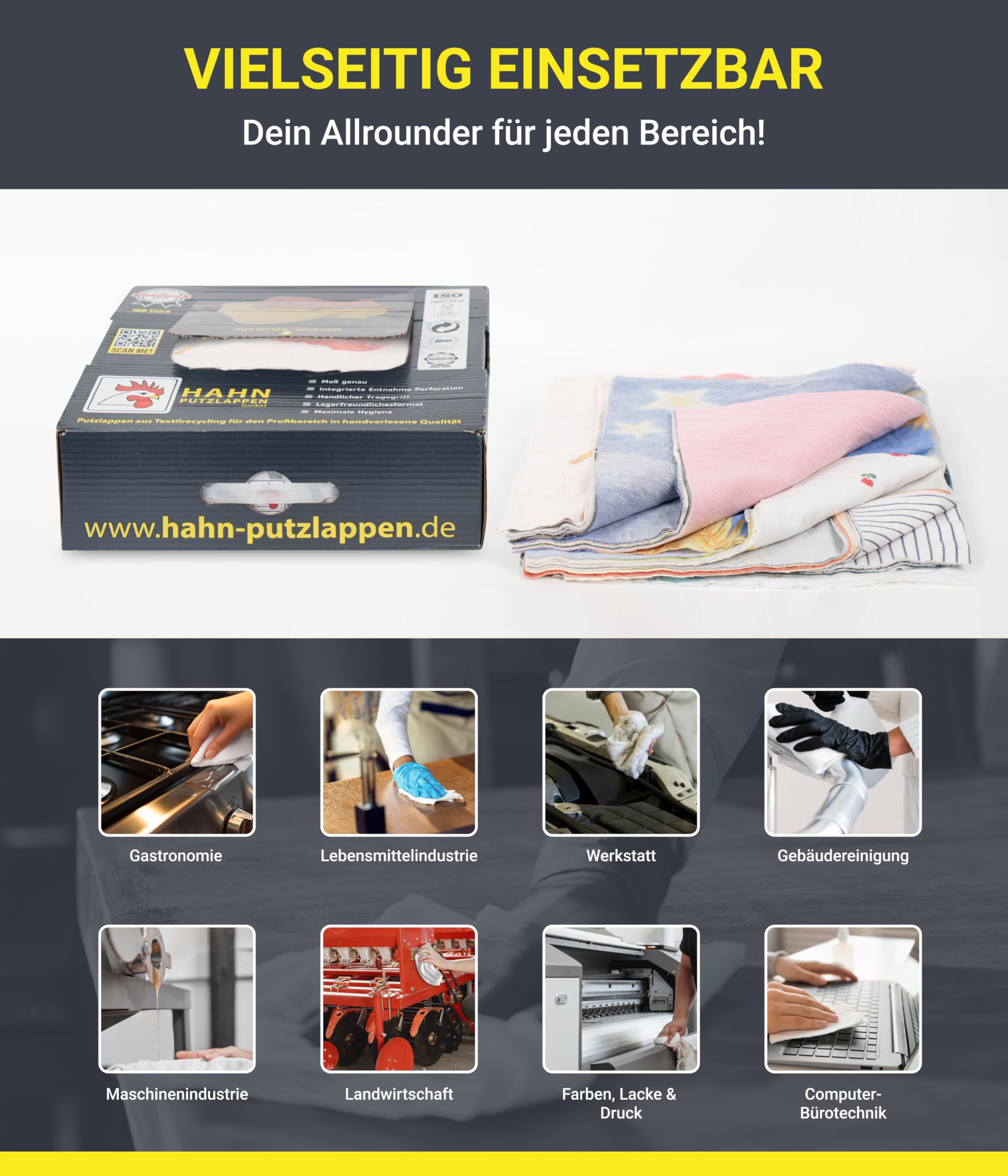 Hahn Putzlappen® Weiche Baumwolllappen Bunt [320 Stück] – Nahtlos zugeschnitten 38x38 cm – Saugstark & langlebig für Werkstatt, Haushalt & Autopflege – 100% Recycling, Trikot & Flanell, Made in DE
