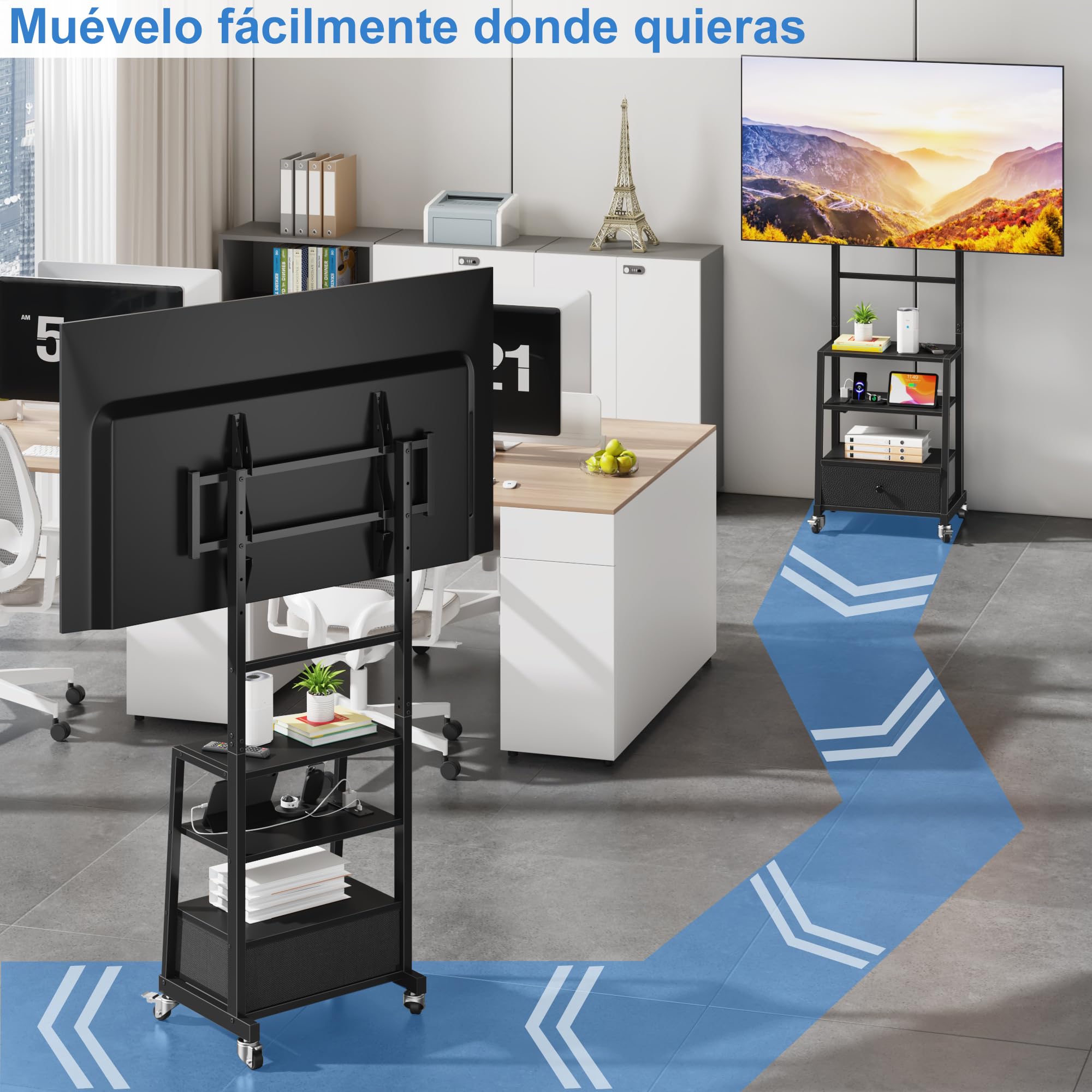 Soporte TV Ruedas con Enchufes 32-75" VESA 600x400, Negro | Enchufes y Puertos USB, 3 Estantes y Cajón de Tela, Altura Regulable, Fácil Montaje, Soporte TV Pie Carga Máx 50kg