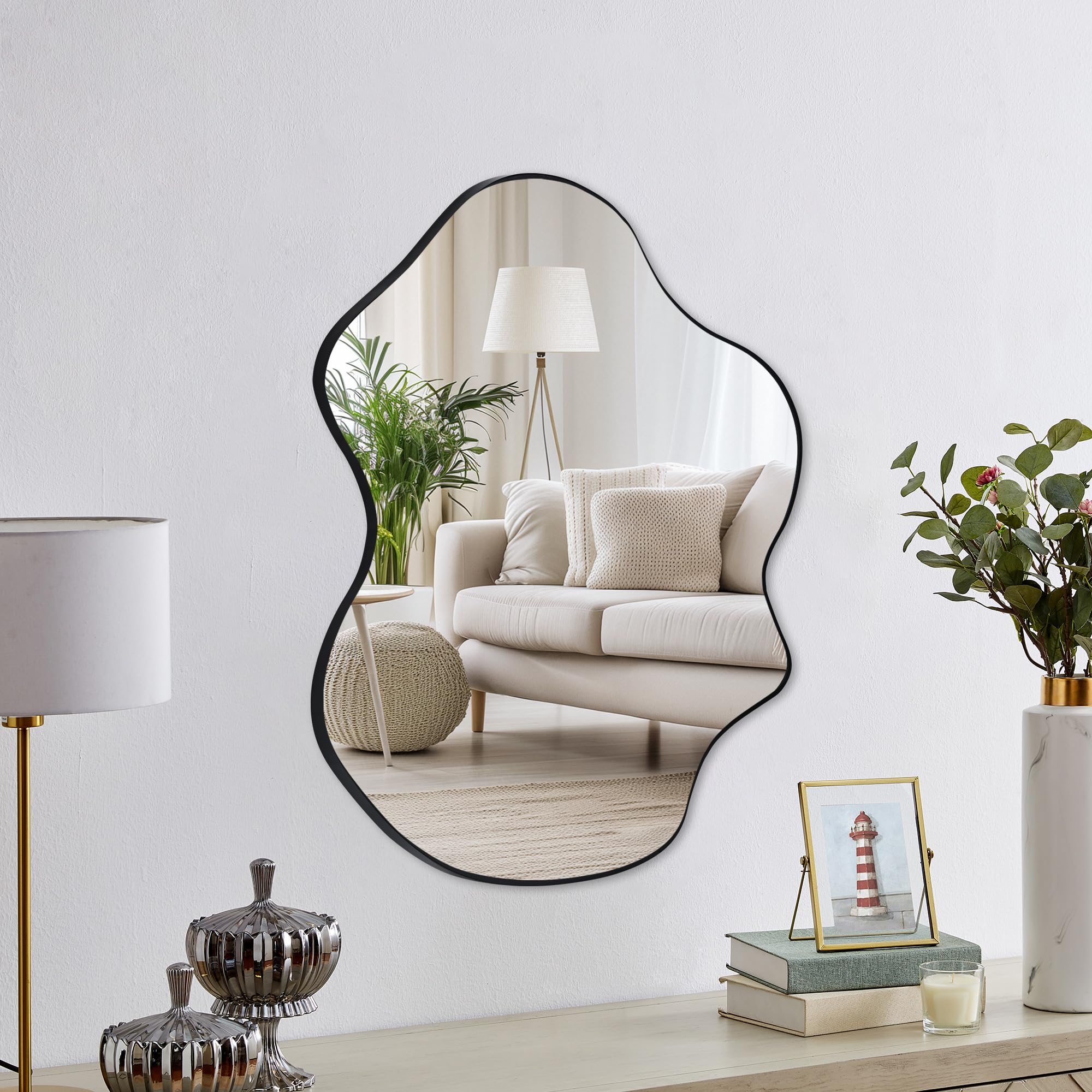 Tanmicoshomy Espejo de pared irregular de 22 x 30 pulgadas, espejo asimétrico con marco negro con vidrio templado para baño, dormitorio, sala de estar, guardarropa, entrada