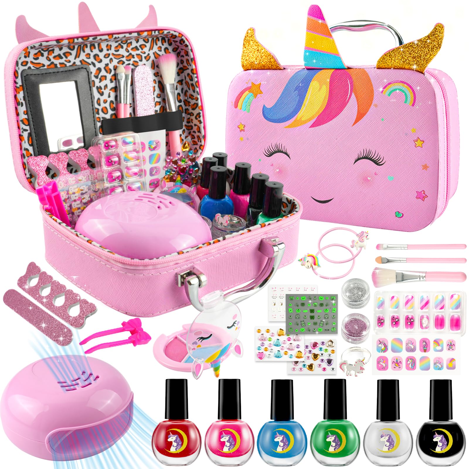 Unicorn Kinderschminke Set Mädchen, Make-up Kinder Vanity Case, Waschbar Make Up Kinder Schminkkoffer enthält Aufkleber, Make-u und Nagellack, Geburtstagsgeschenk für Mädchen ab 3 Jahren