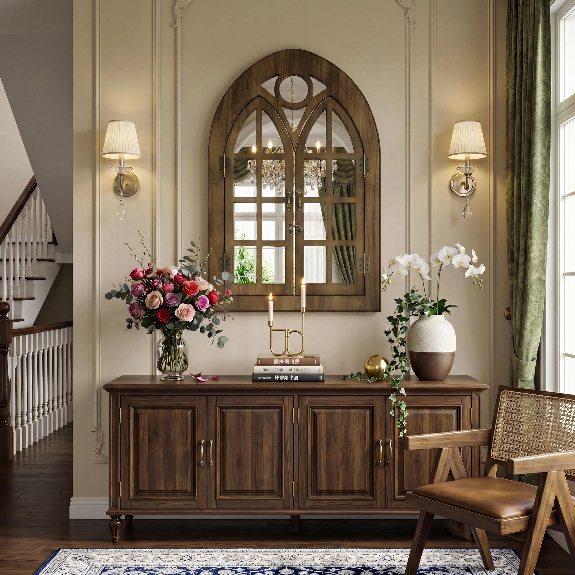 Espejo de Pared Estilo Ventana de Arco con Marco de Madera Abrible, Diseño de Ventana para Salón, Dormitorio & Entrada