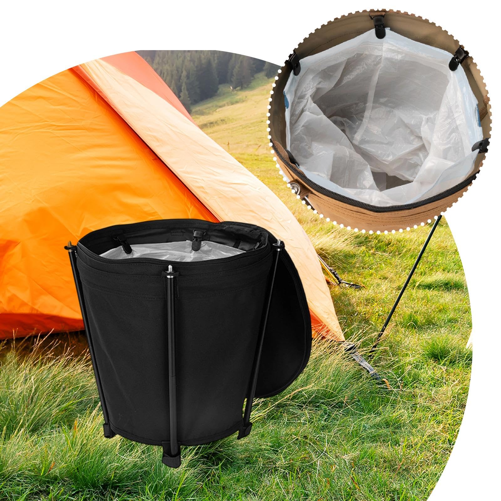 Pattumiera Camping Cestino Spazzatura Contenitore Immondizia Bidone Pieghevole in Alluminio PVC Poliestere Stabile Capienza 20L Adatta per Campeggio F, Nero