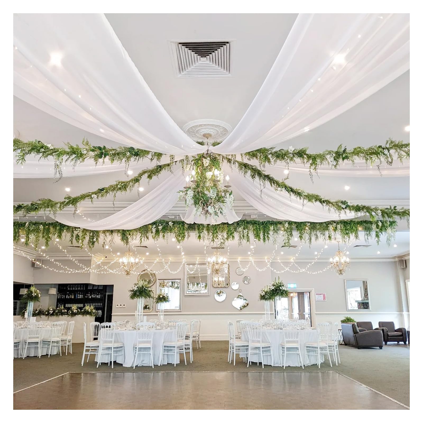 Deckenvorhänge für Hochzeit: 6 Paneele, 6 m lang, durchscheinender Stoff zum Drapieren, weißer Chiffon-Stoff, Brautparty-Dekorationen
