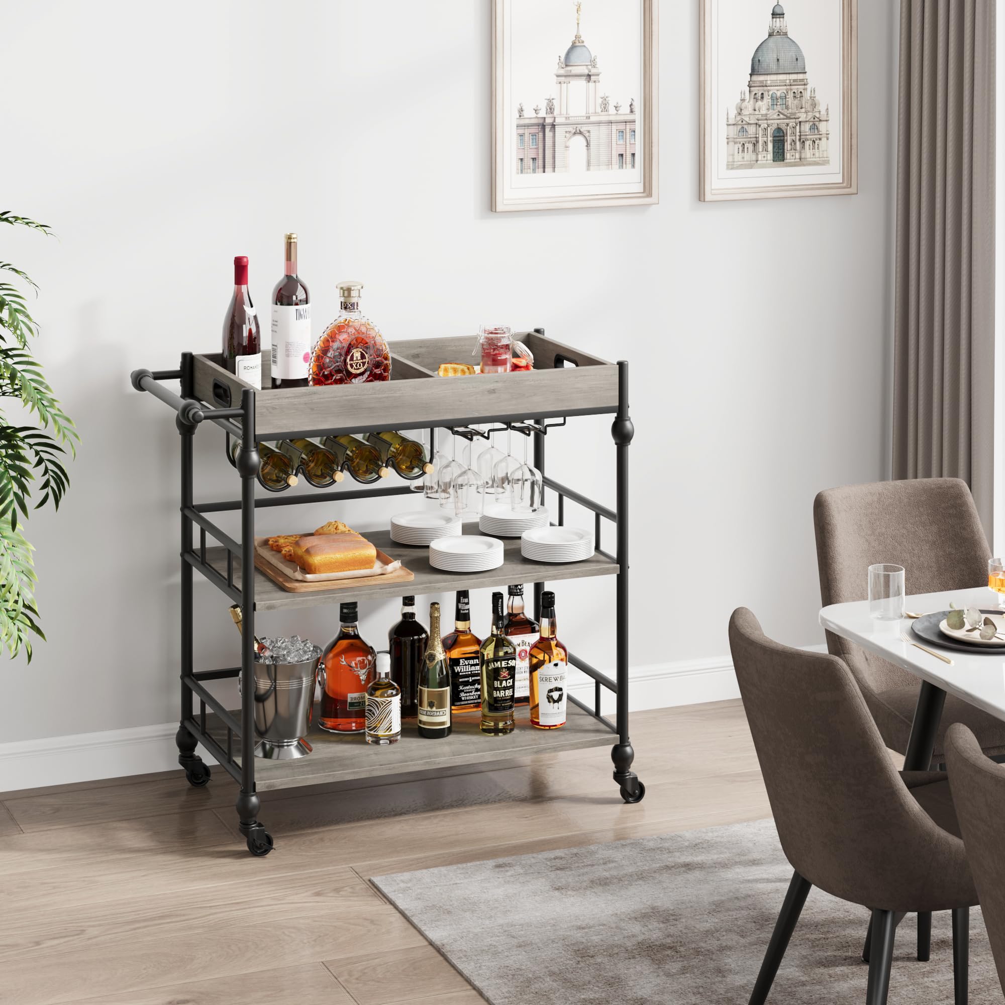 IDEALHOUSE Carrello da bar a 3 livelli con ruote, portabottiglie