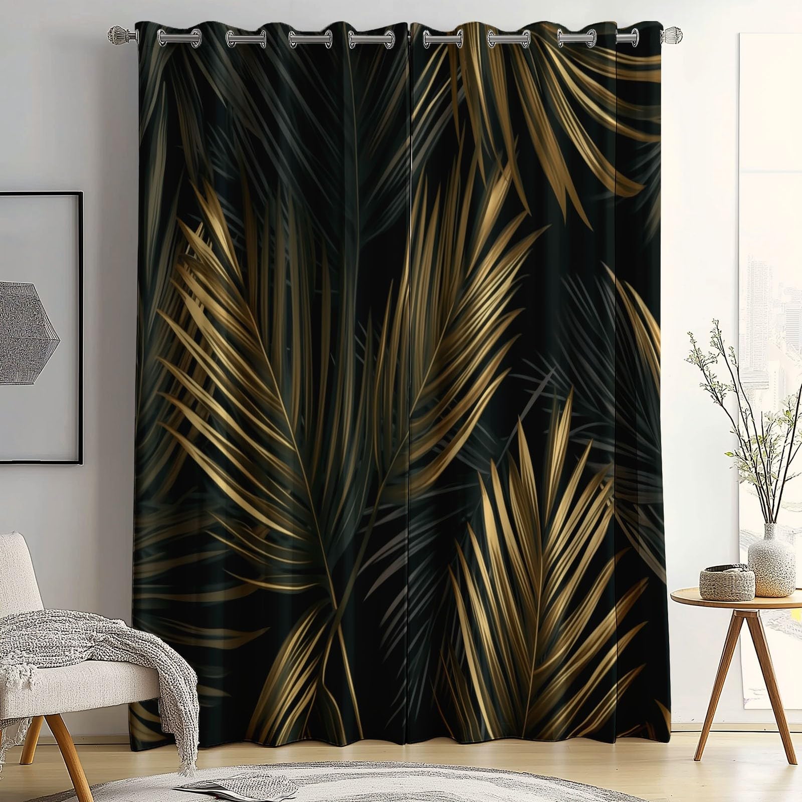 Wärmeisolierende Verdunkelungsvorhänge H166 x B75 cm (2er Set), Pflanzen Palmblätter, Schützende Ösenschals für schmale Fenster, Schwarz Gold