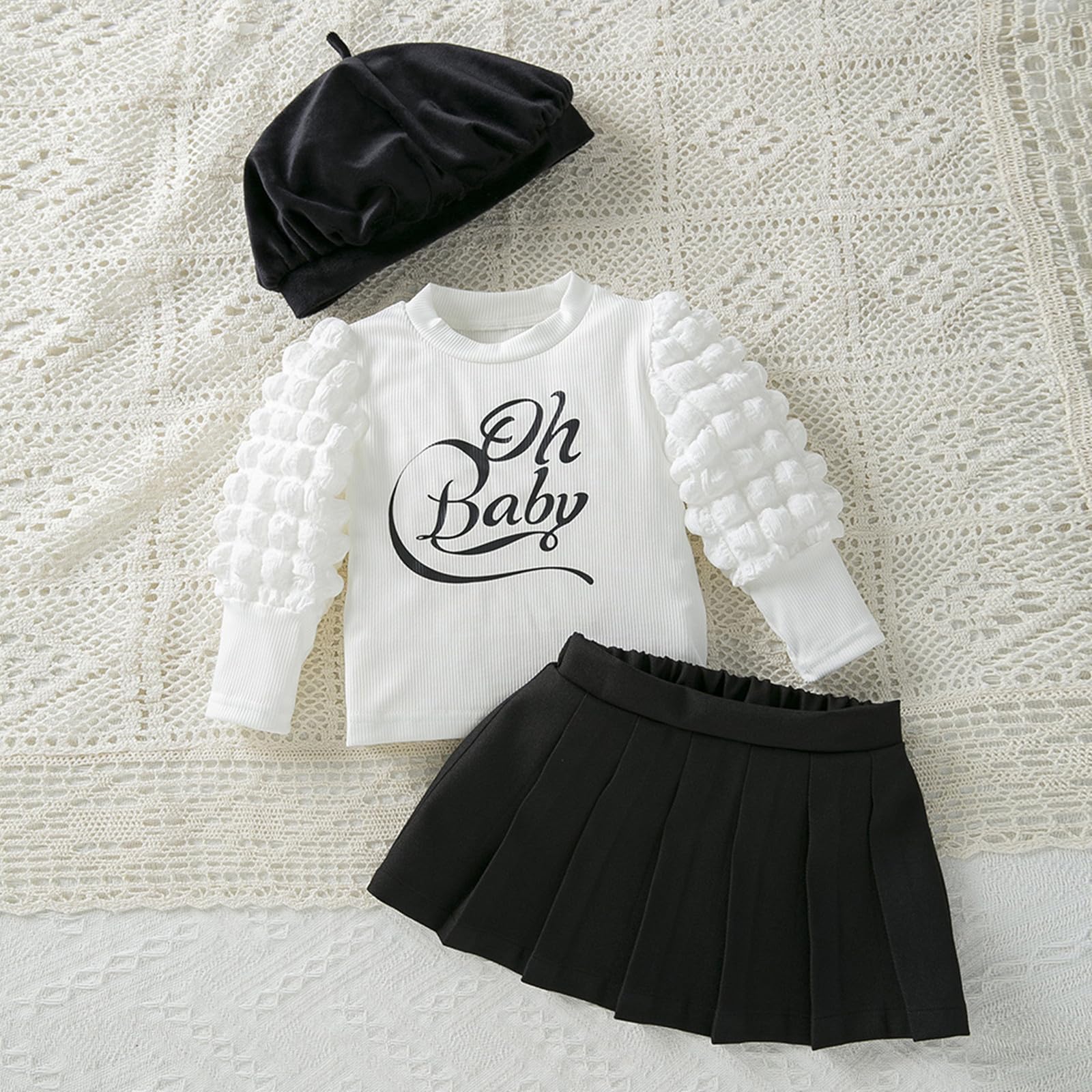 Winmany Toddler Girls Fall Outfits 3PCS Infant Spring Puff Sleeve Top Mini Skirt Clothes Set with Beret Hat (9-12M)
