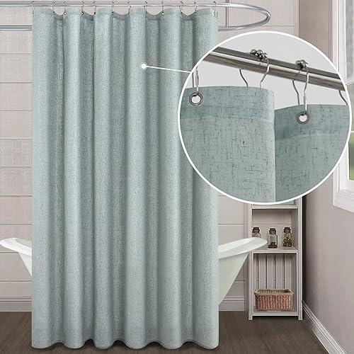 KOUFALL Cortinas de ducha color verde aguamarina para baño tema de decoración de playa tela de lino impermeable para mujer esposa juego de ganchos