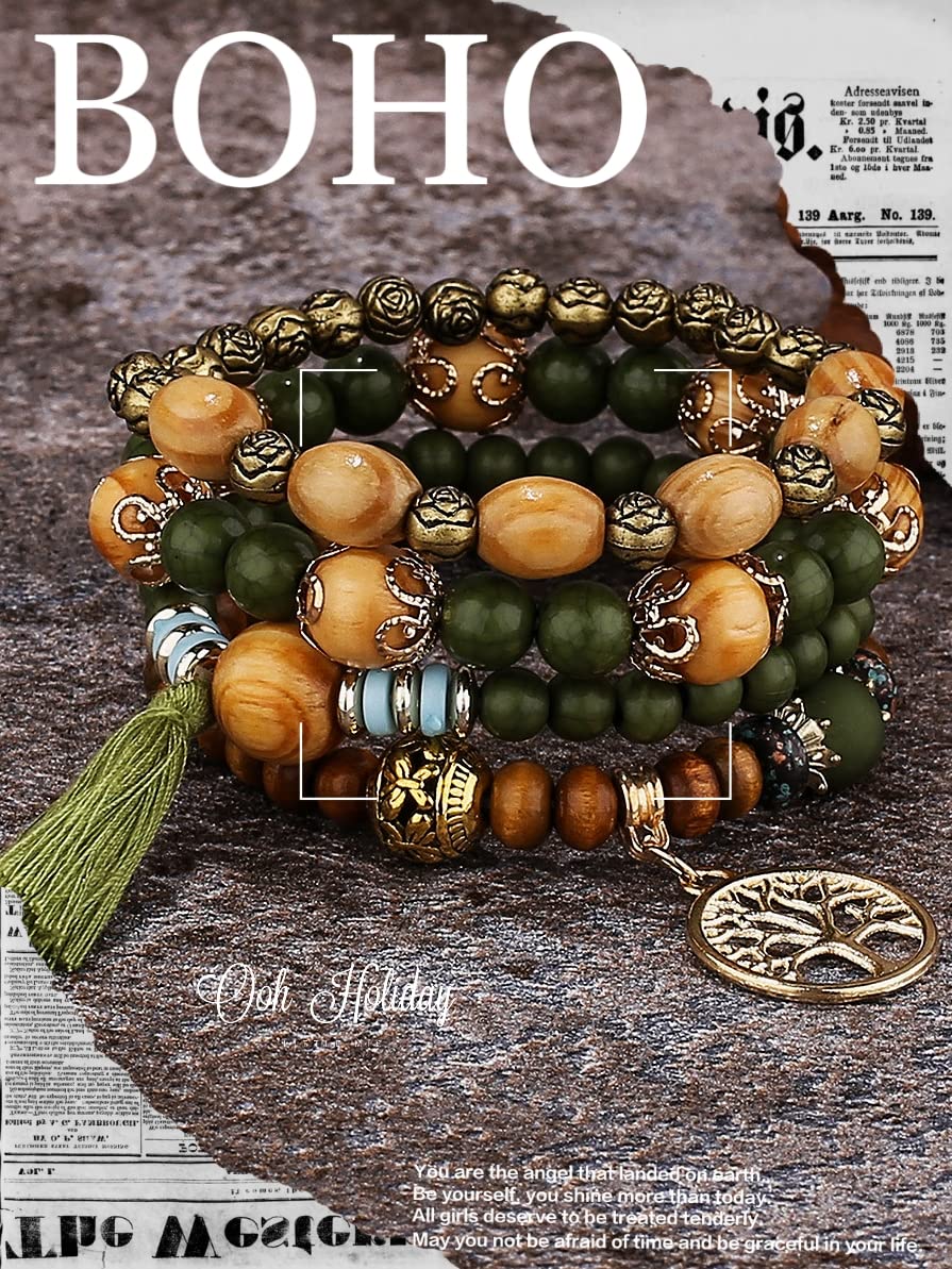 YDYDTTKD Bracciale con Perline Boho, Braccialetto con Nappe con Perline di Legno Multistrato, Set di Gioielli Elastici da Viaggio, Souvenir, Regali di Gioielli in Stile Bohémien (Verde Militare, Set