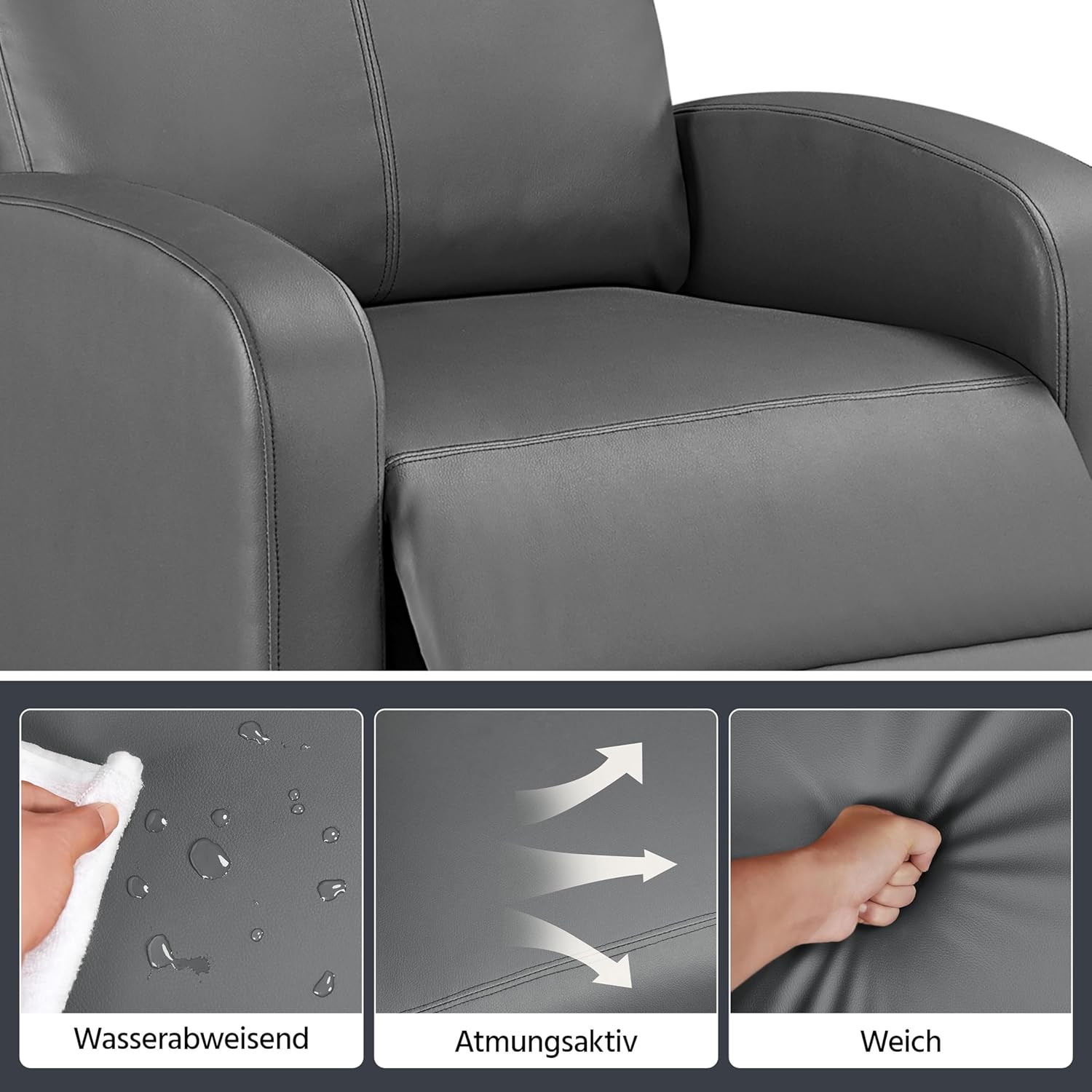 Close-up images demonstrating the water-repellent, breathable, and soft properties of the faux leather material