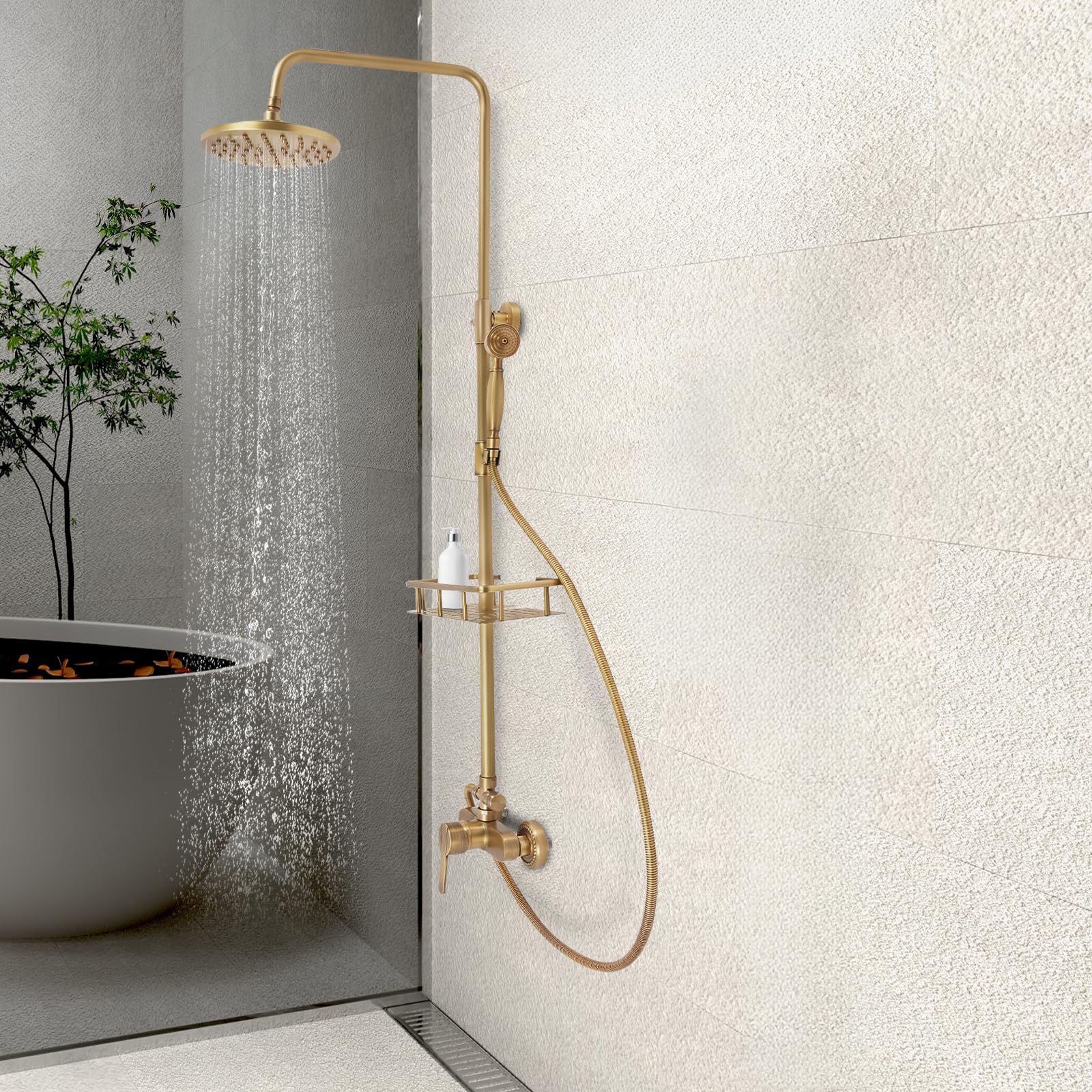 Colonna doccia retrò 20 cm con ripiano in bronzo a 2 uscite, 85-132 cm