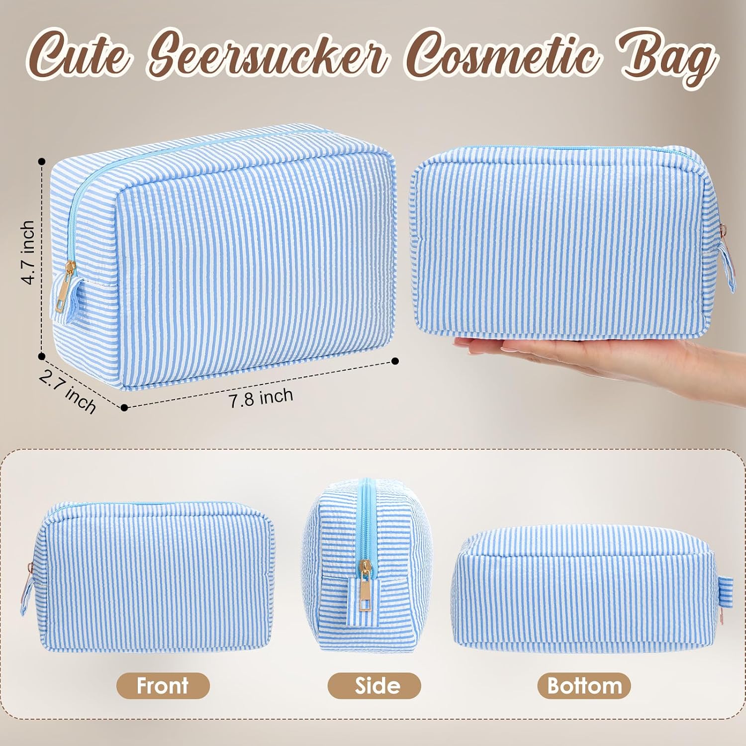 Sanwuta 10 Pcs Seersucker Cosmetic Bag Seersucker Makeup Bag Women Stripe Large Travel Toiletry Organizer Preppy Storage Pouch for Embroidery Wedding Bridesmaid Bride Mom (Light Blue)