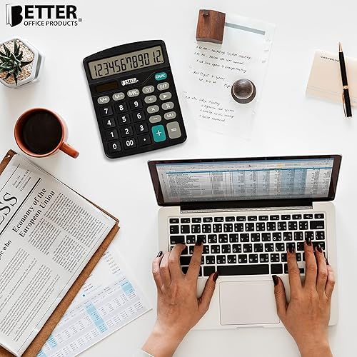 Miniatura 3 de Better Office Products Calculadoras de escritorio grandes, paquete de 5, pantalla LCD de 12 dígitos, panel de visualización en ángulo, función
