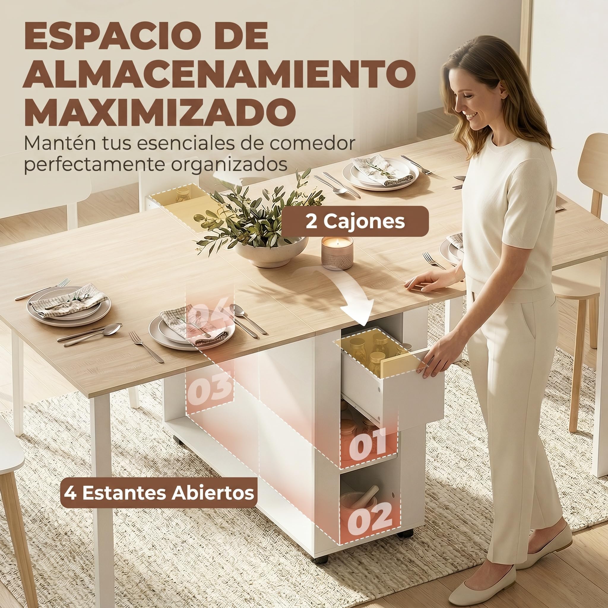 HOMCOM Mesa Plegable de Comedor para 6 Personas 168,2x85x73 cm Blanco | Mesa de Cocina Plegable, Alas Abatibles, Cajones, Estantes Abiertos, para Salón, Espacio Pequeño