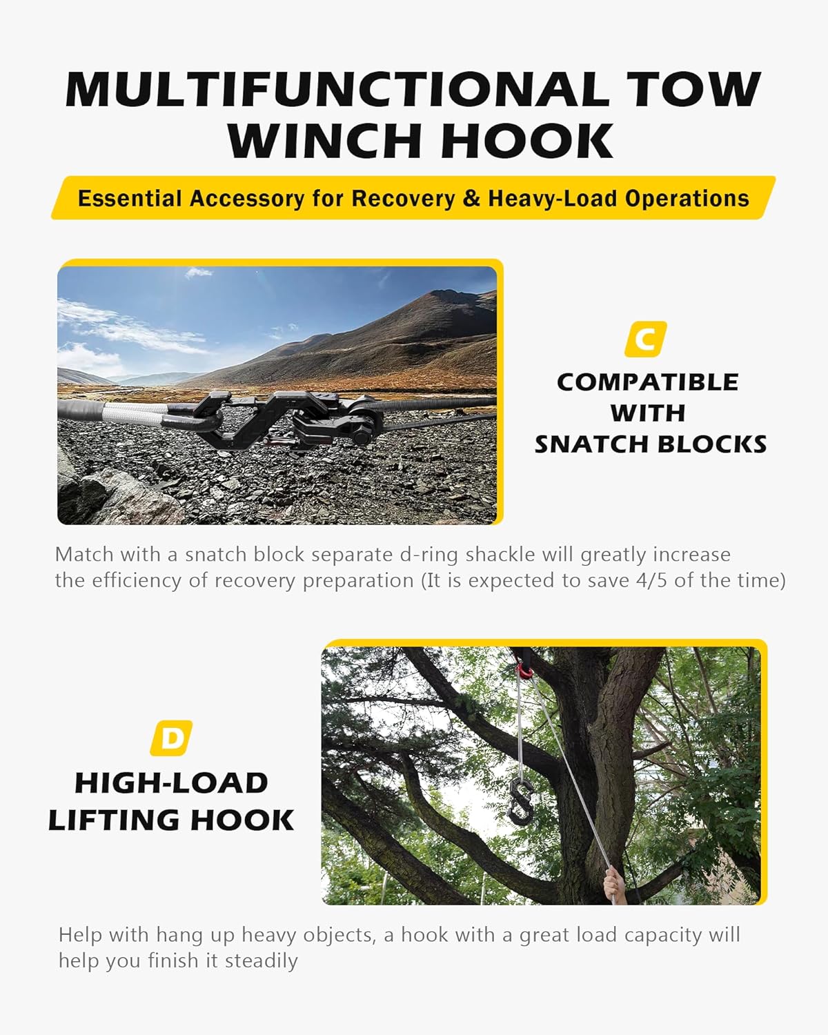 3/8" Tow Hook, S-Shaped Winch Hook, 33,000lbs Breaking Strength, G80 Heavy Duty Forged Steel, Fast Connect Winch Shackle Towing Hook for Trucks, SUVs, ATVs, Trailers, Black