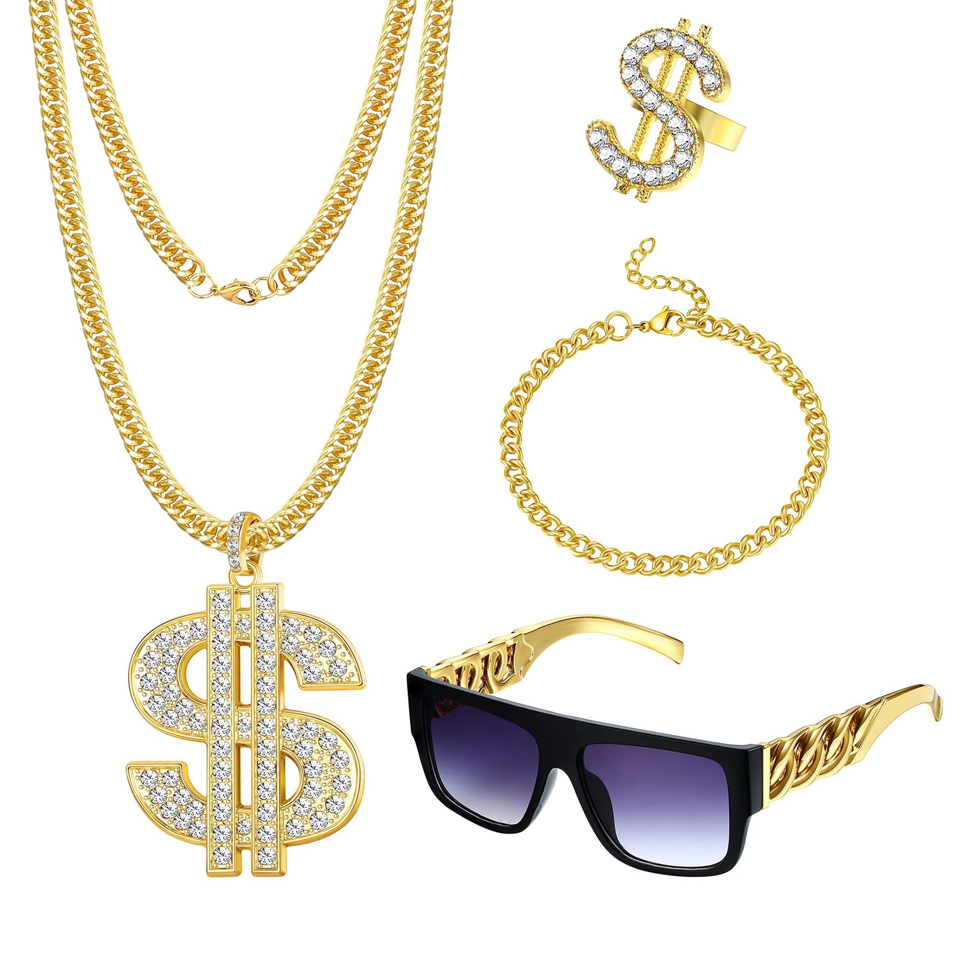 CASSIECA 80s/90s Hip Hop Disfraz Kit para Hombres Mujeres Collar de Cadena de Metal Pulsera Gafas de sol Anillo de Signo de dólar Punk Hip Hop Rapero Bisutería