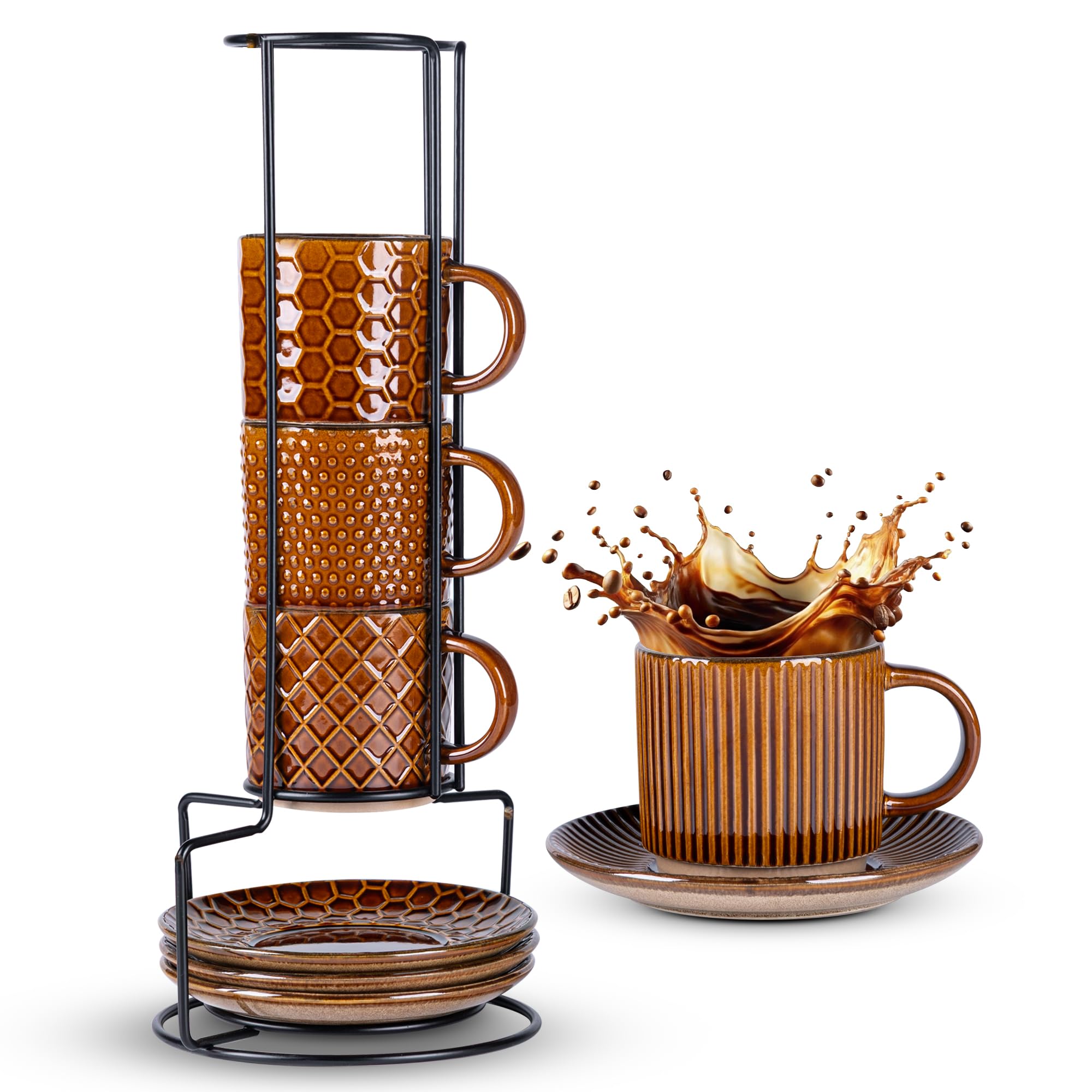 GBhome 180ml Stackable Coffee Cups and Saucers with Stand, Ceramic Coffee Cups with Textured Patterns for Man Woman Dad Mom Cup Set of 4 for Latte/Cappuccino/Cocoa โ image 1
