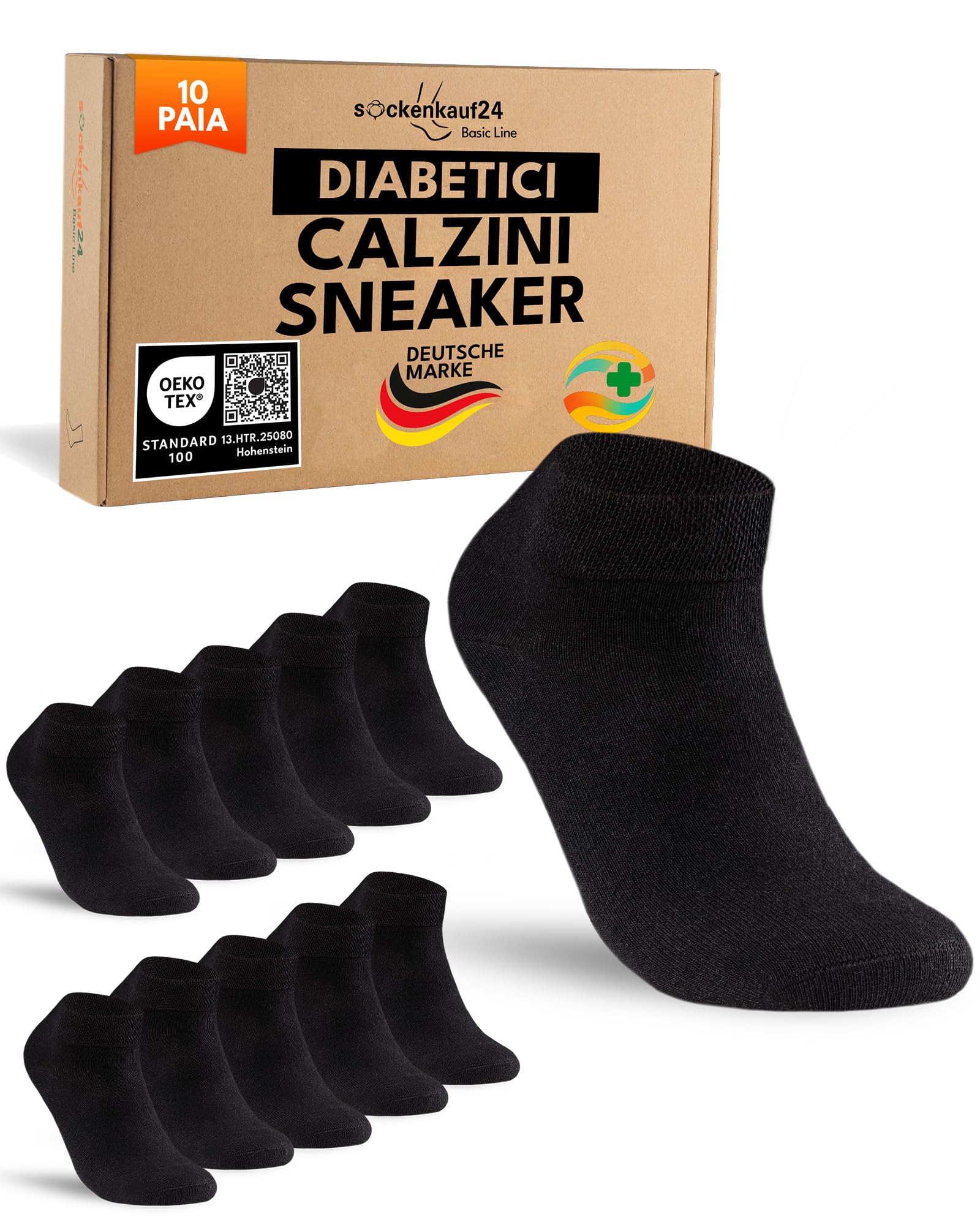 sockenkauf24 10 paia di calzini da ginnastica per diabetici, per uomo e donna, senza elastico e senza cuciture, per sneaker, per diabetici, con fascia confortevole, senza gomma