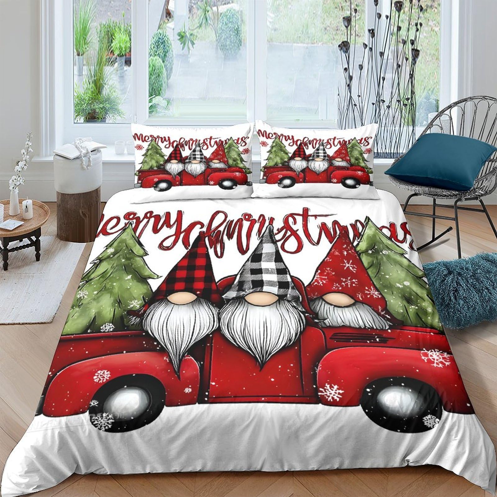 Ctjqhvkz Style-5 3D Printed Christmas Gnome Fitted Sheet Microfiber Soft Red Truck Tree Bed Cover For Bedroom Guest Room Dorm Easy Care Single（135X200cm）