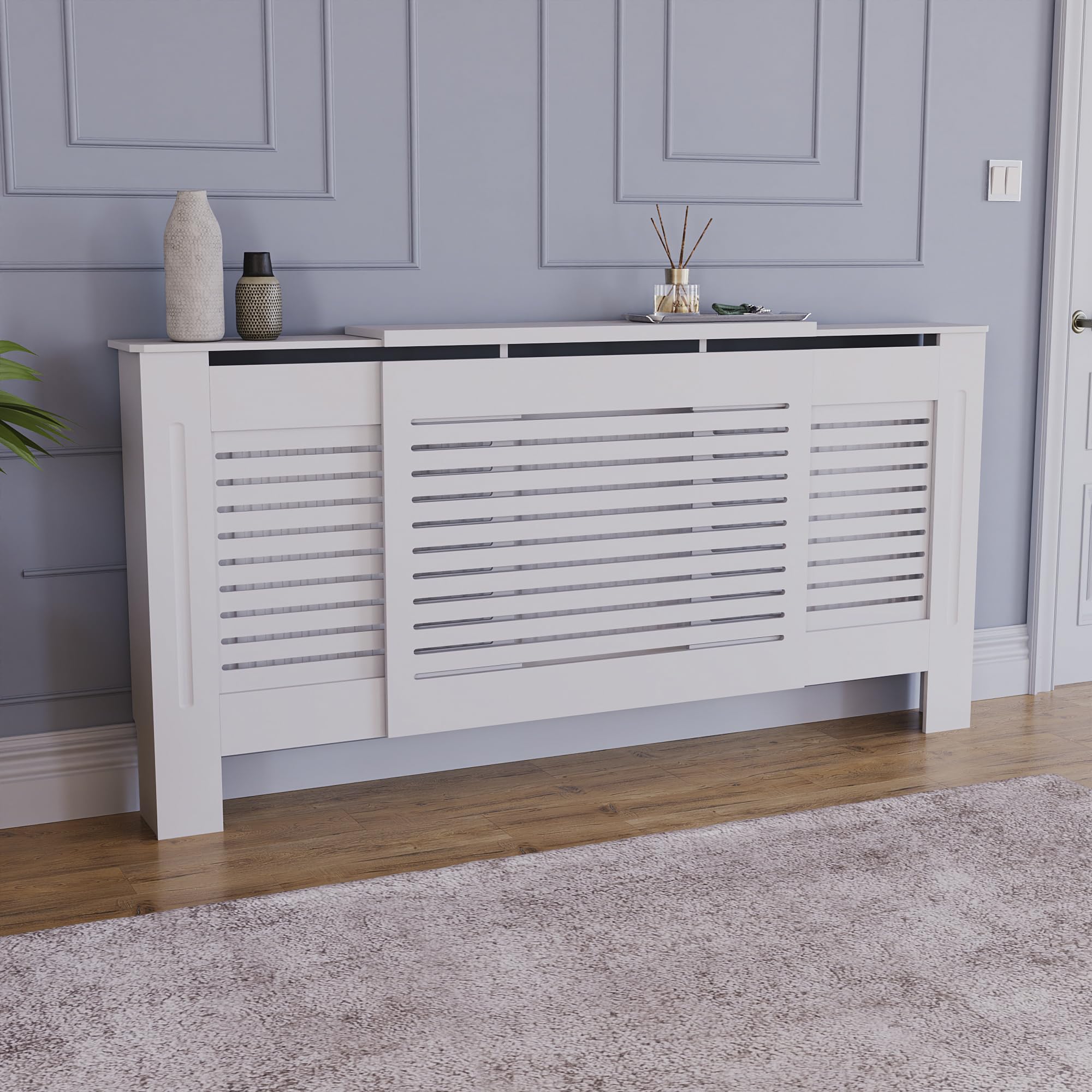 Vida Designs Milton Cubierta de radiador Blanco - Ajustable - Lamas horizontales Modernas para Mejor circulación del Calor - H82xW140-204xD19cm - MDF Pintado para salón y Pasillo