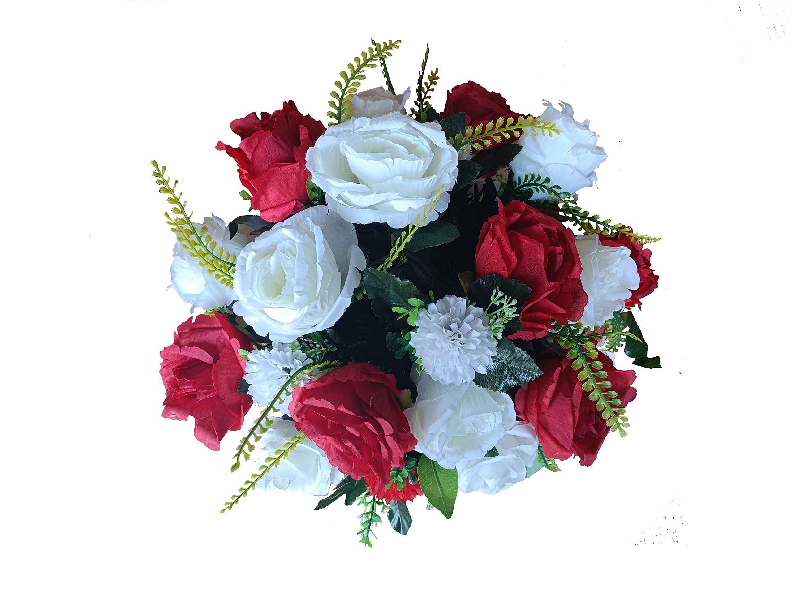 DRW Centro de Flores Artificiales Cementerio, Santos, Aniversarios Redondo Rosas Blancas y Rojas 45 cm diámetro x 35 cm Alto