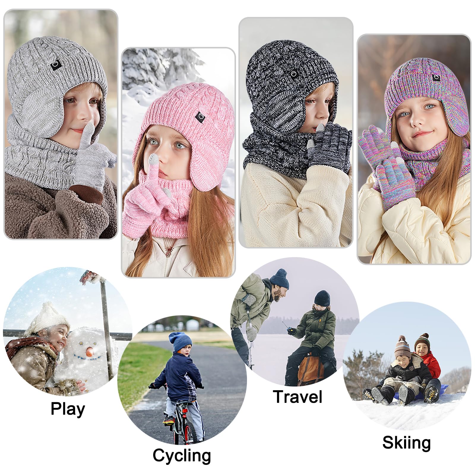 Niños Conjunto Gorro de Punto Bufanda Guantes Set 3 en 1, Invierno Cálidos Beanie con Orejeras Caliente Bufanda Pantalla Táctil Guantes para Niños Niñas 4-10 Años