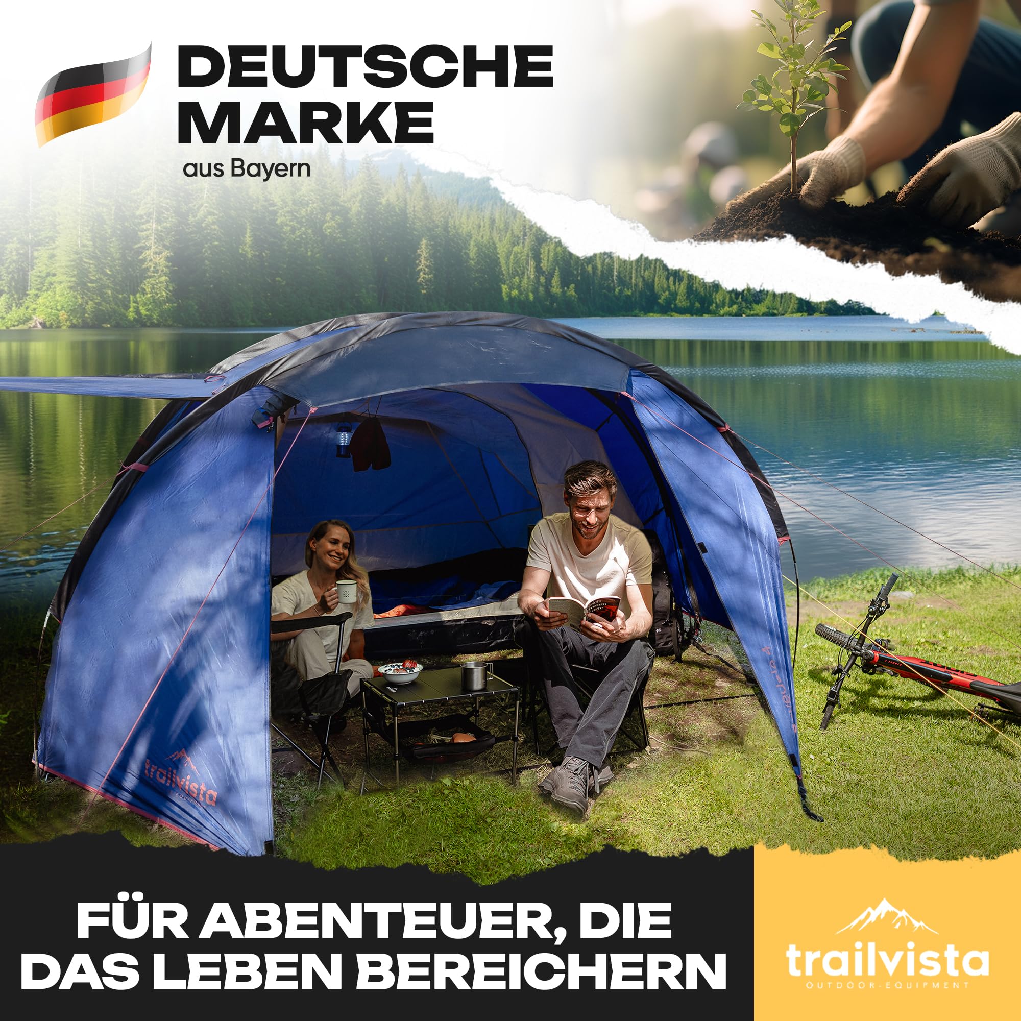 Tente familiale étanche pour 2 et 4 personnes - Tente tunnel avec auvent et protection contre les moustiques - Tente familiale légère et stable - Montage rapide - Tente de camping
