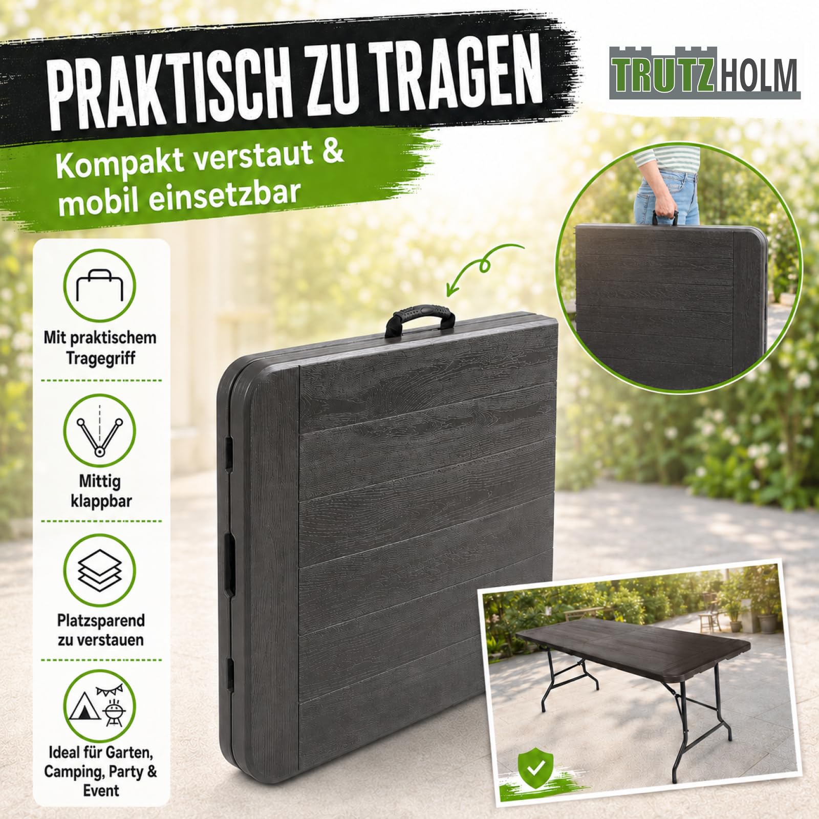 TRUTZHOLM Gartentisch Verkaufstisch Esstisch Bierzelttisch Klapptisch 180 x 75 x72 cm klappbar Campingtisch Partytisch 8 Personen mit Tragegriff Weiß (grau)