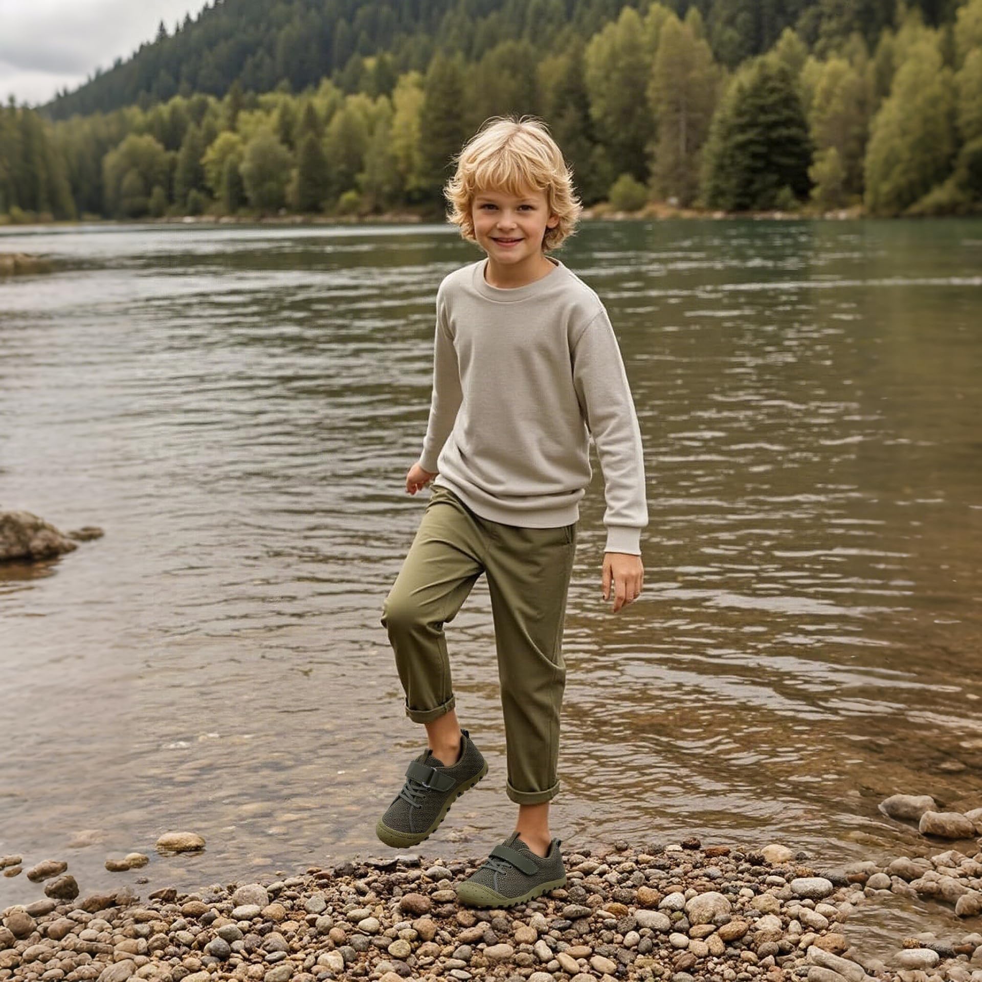 JEJQN Barefoot Shoes Toddler Girl Sneakers Non Slip Kids Trail Running Shoes with Hook and Loop Boys Walking Green 7 Toddler