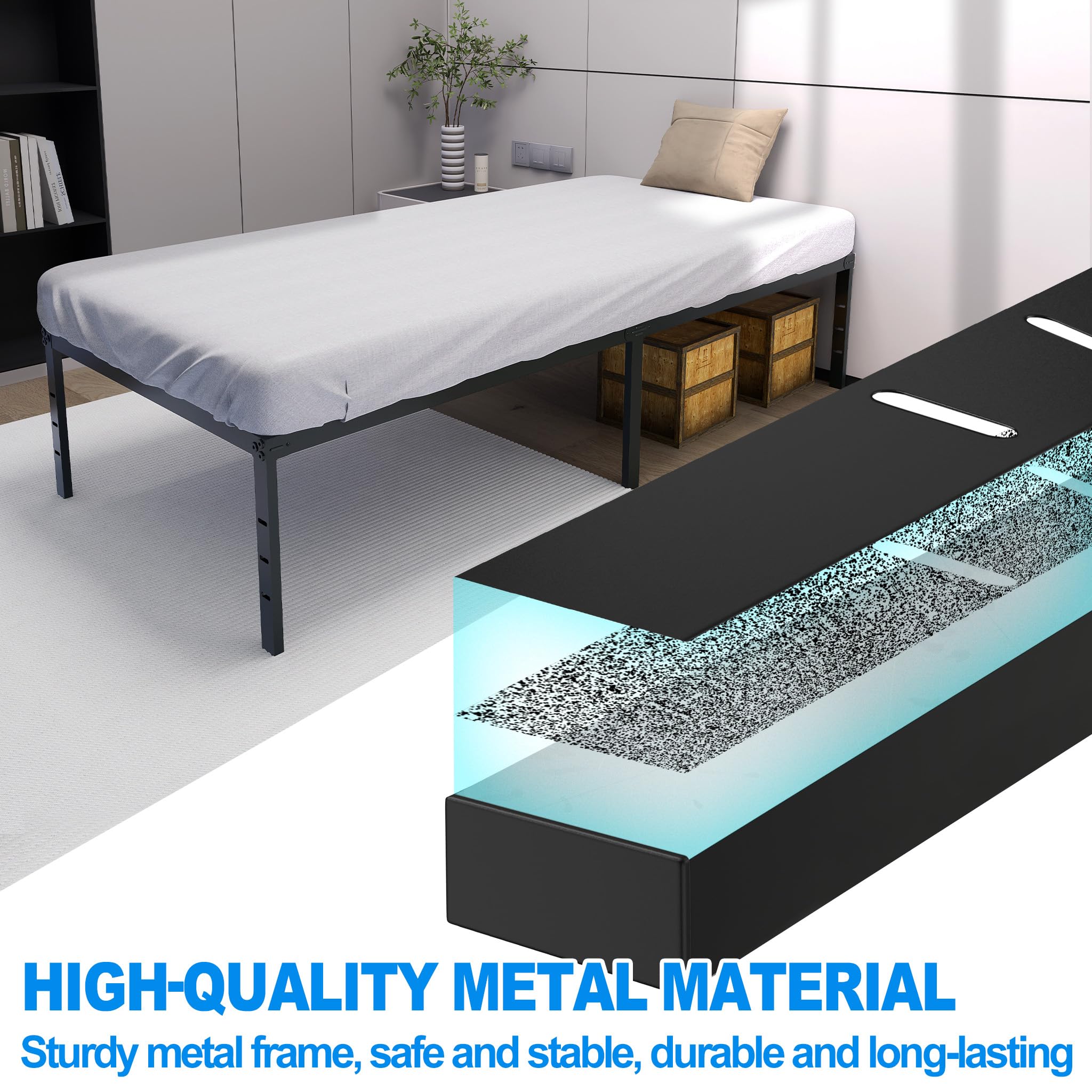 SUBTLETY Klappbare Einzelbettgestell 90x200cm Metall Bettrahmen Modern Jugendbett mit Lattenrost belast bis 160KG Unterbettaufbewahrung Gästebett Schwarz Bettgestell für Schlafzimmer/Gästezimmer/Büro