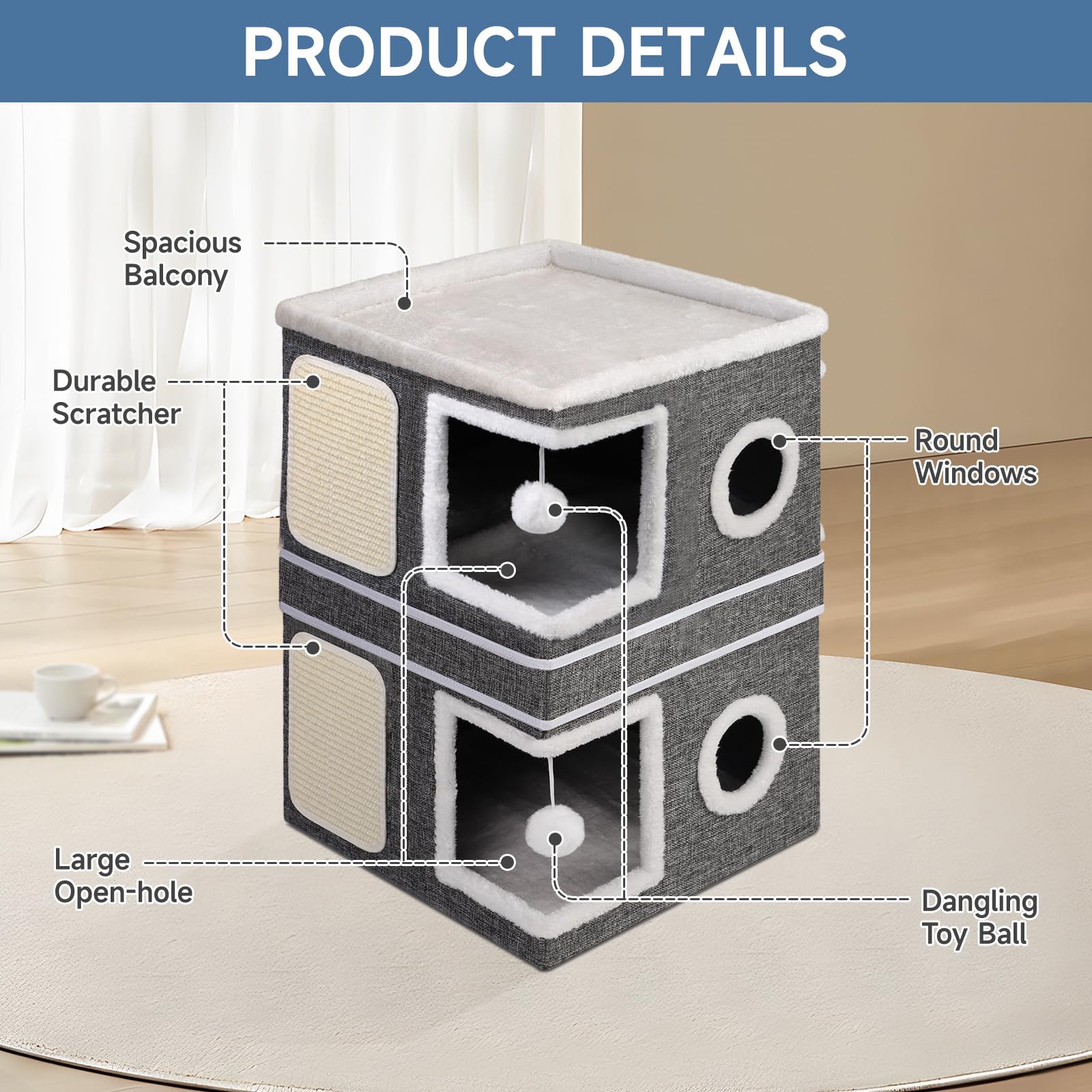 Casa para gatos de 3 capas, cueva plegable para gatos grandes, 40 x 40 x 63 cm, cubo interior para gatos, divisible en 2 grandes cuevas para gatos con escondite para gatos, cama grande para gatos con