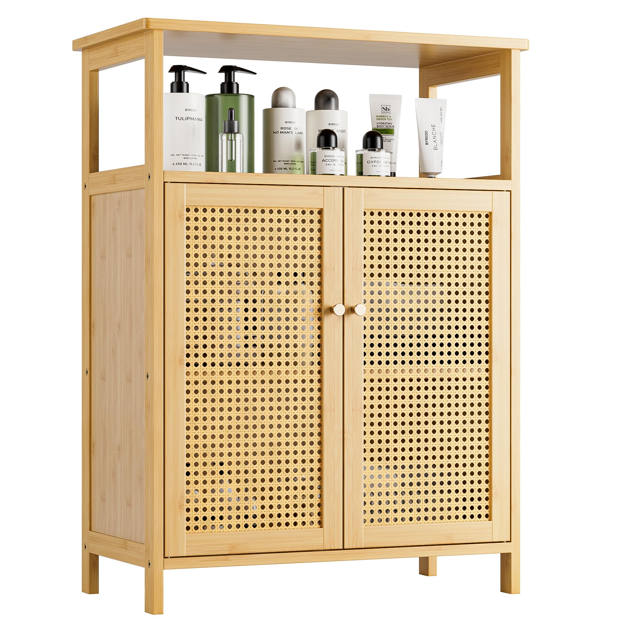 VOVALA Badkamer Vloerstandaard Kast, Bamboe Opberg Organizer Tafel met 2 Rotan Deuren en 1 Plank, Houten Bijzetkast voor Hal, Wasserij, Keuken, Woonkamer (Zwart