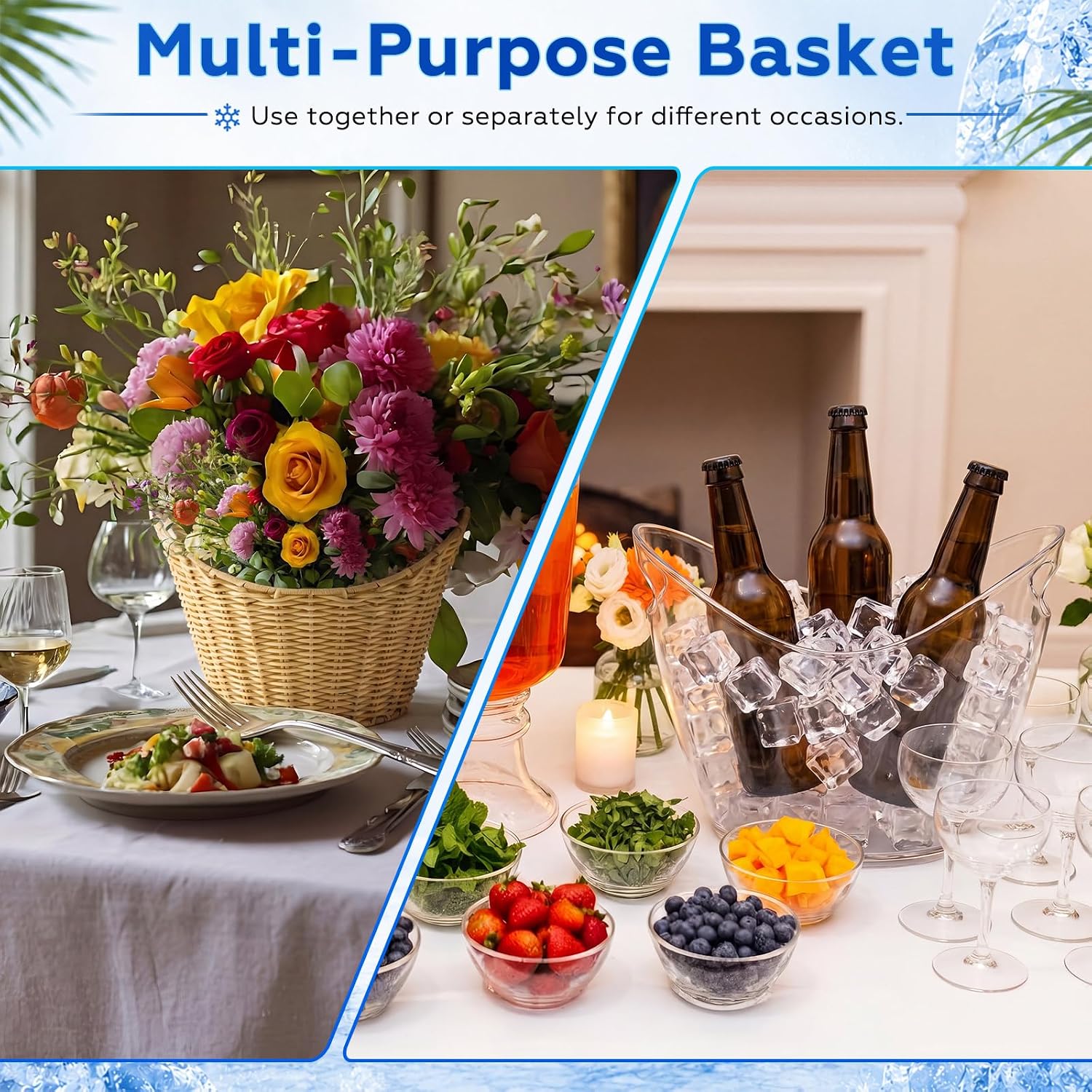 Domensi 7 Quart Ice Bucket with Wicker Outer Basket, Scoop, Tong and Handle, Plastic Ingot-shaped Tub Grass Rope Woven Farmhouse Plastic Bucket for Party Seaside Bar Buffet Wine Beer Bottle