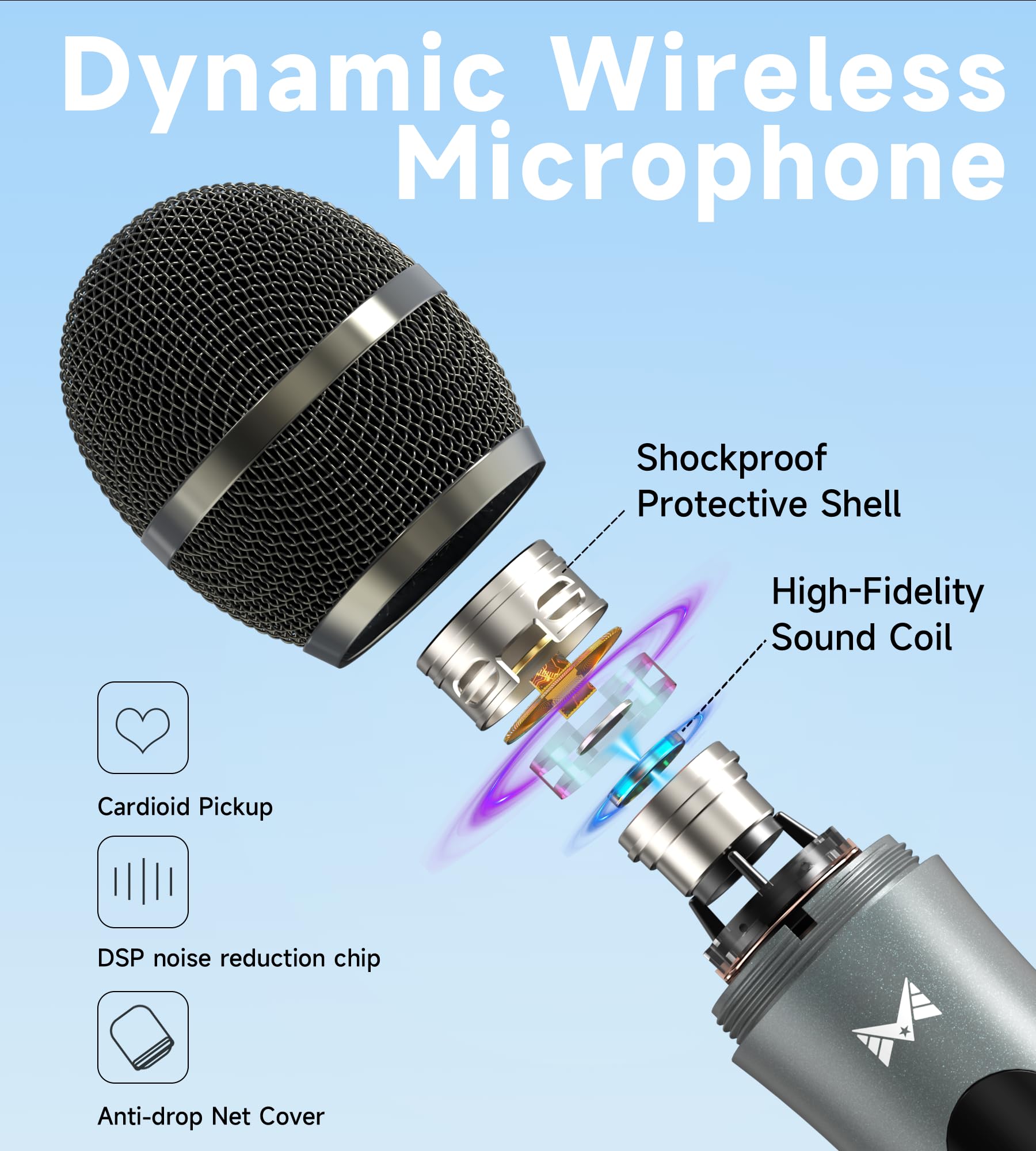 Microfono Wireless, Microfono con Connessione Chip Uno a Uno, Durata 40 Ore, Ricezione a Distanza di 200 Piedi, Microfono a Tubo Semi-Metallico Per Canto, Registrazione Video, Feste a Casa (Nero)