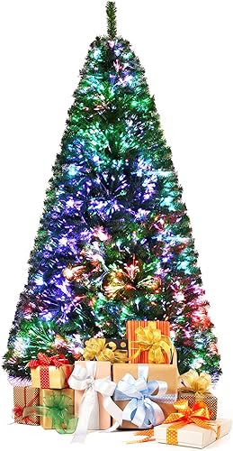 GOFLAME Árbol de Navidad artificial preiluminado de 5 pies, árbol de Navidad de fibra óptica de alta calidad, árbol de Navidad de abeto navideño con