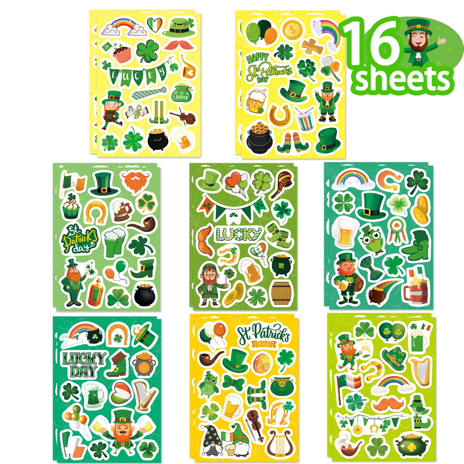 St.Patrick's Day Stickers, Green Shamrock Four-Leaf Clover Leprechaun Gold Coin Self-Adhesive Sticker, for St. Patrick's Day Party Cards Envelopes Scrapbooking Gifts Labels Decoration