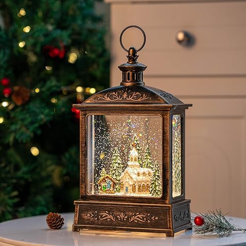 Vista 2 de Christmas Snow Globe Lantern Water Glittering Churche & Manger Scene with Music & Timer, USB Lined/Battery Operated Lighted Lantern for Christmas