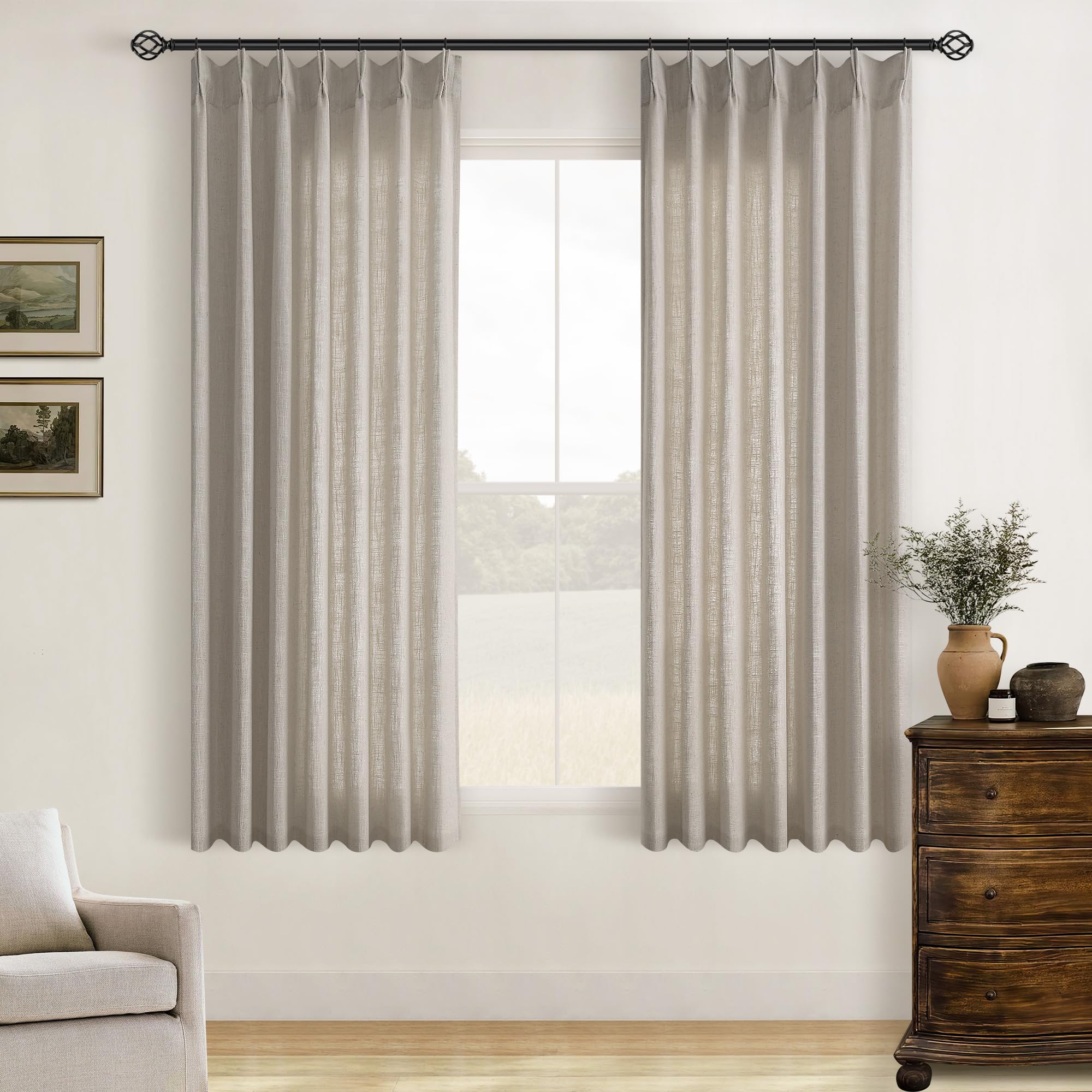 Burlywood Birch Pinch Pleated Linen Curtains 63 Inch Length 2 Panels Set