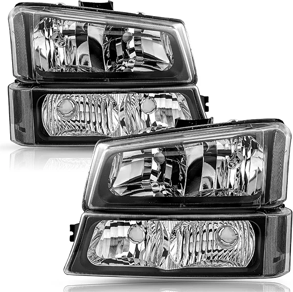 TUSDAR 4 PCS Fits for 2003-2006 Chevy Silverado Avalanche Headlights Assembly Pair Set No Fogging OE Factory Style Black Housing & Clear Reflector