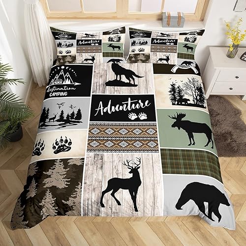 Juego de funda de edredón para niños de aventura de camping, tamaño matrimonial, juego de ropa de cama de caza de ciervos, osos, lobo, animales y