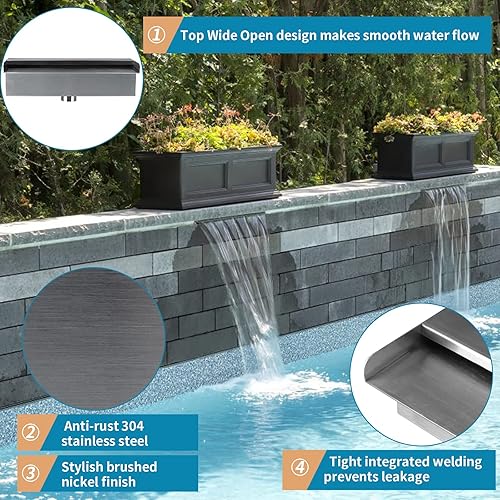 Miniatura 4 de Fuente de piscina de acero inoxidable 304 con conector, derrame de agua rectangular de 12 pulgadas para piscina, jardín, estanque al aire libre, spa