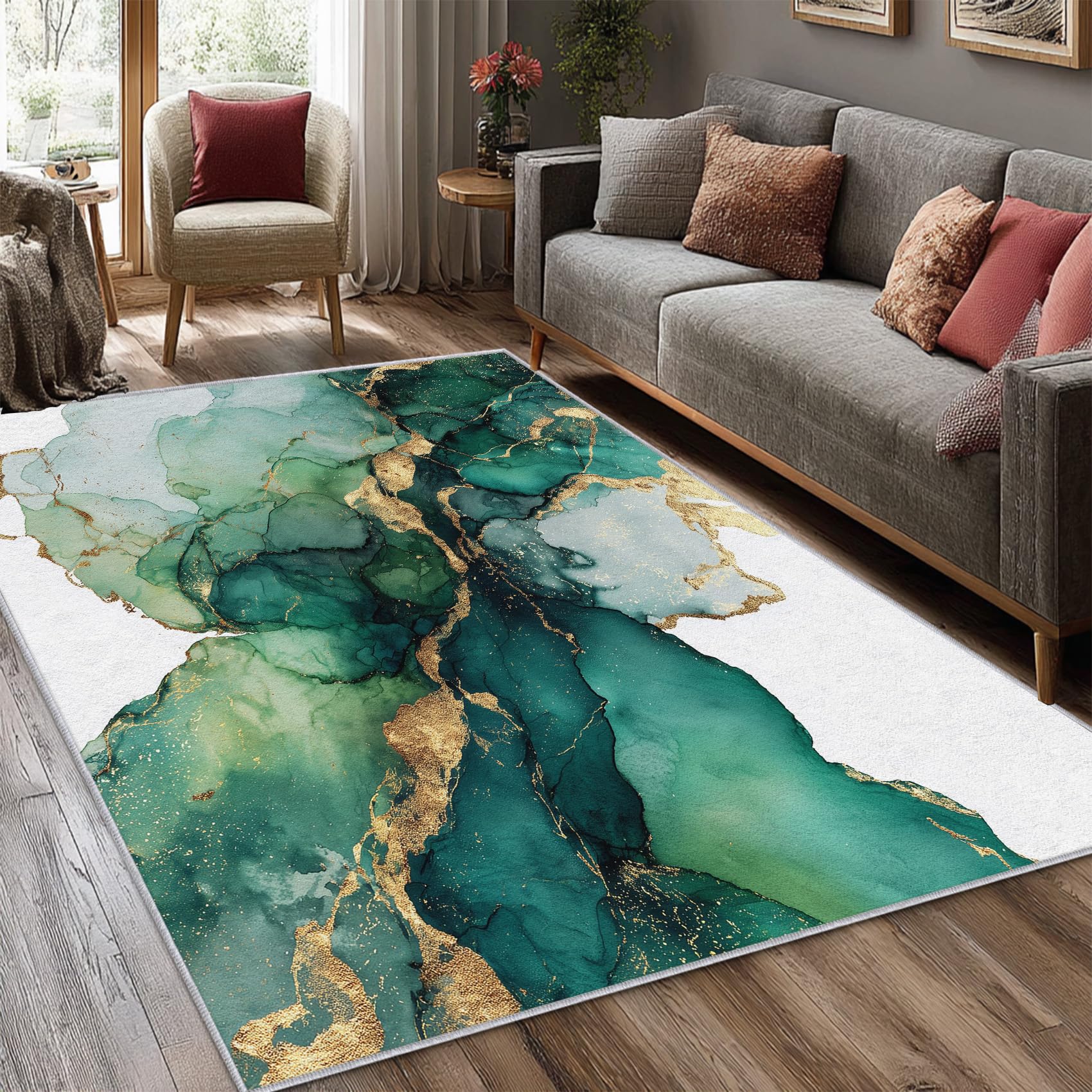 Generisch Tie-Dye Teppich Klein 80 x 150 cm Wohnzimmer Mit Grün Gold Marmor Muster, Tie-Dye Bettvorleger Schlafzimmer Deko, Waschbar Teppiche Gegend Kurzflor rutschfest