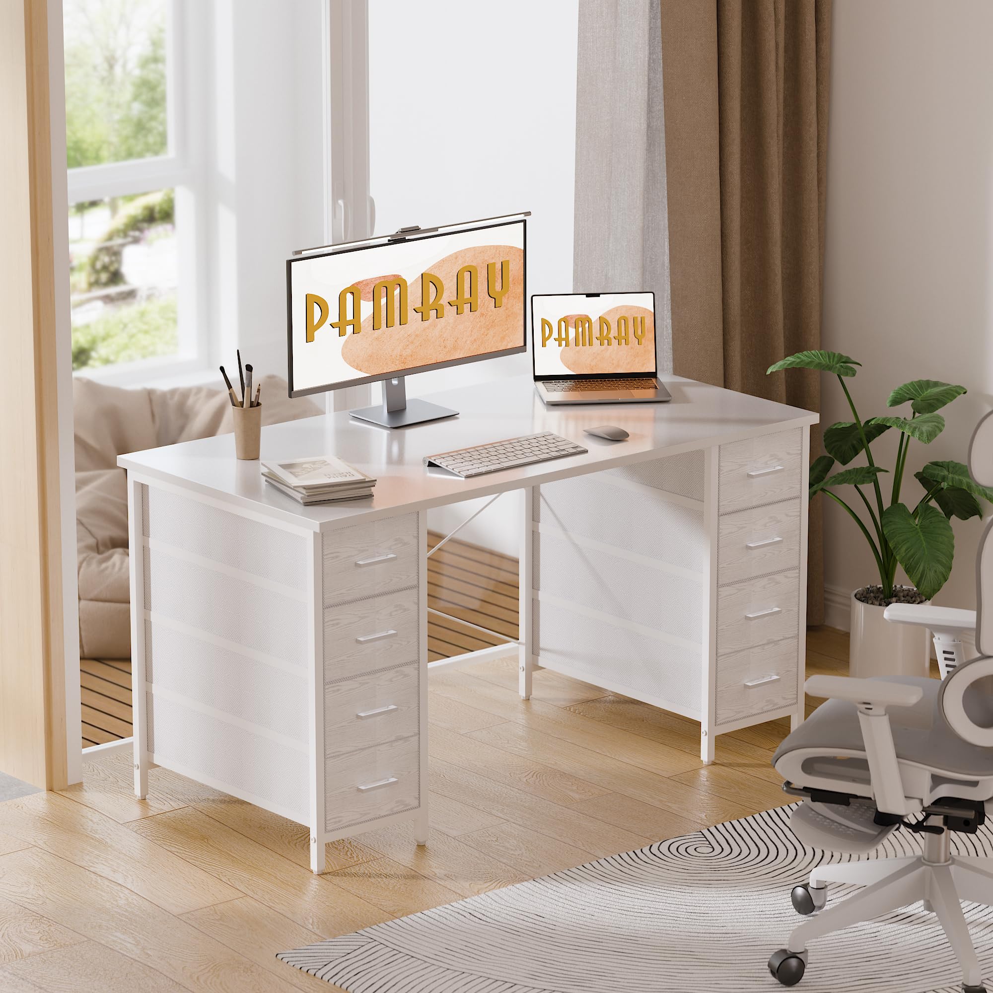 抜け感❗️お洒落な白❗️PAMRAY デスク pcデスク 幅120×奥行50 Amazon.com: Pamray 47 Inch Computer Desk with 8 Fabric Drawers PC