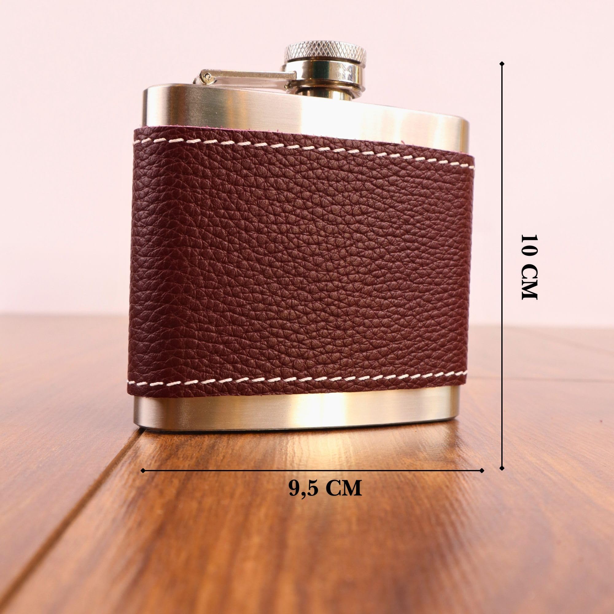 Perlotus 5 Oz-150 cc Hunili Kahve Brown Deri Kılıf Çelik Viski İçki Konyak Matarası