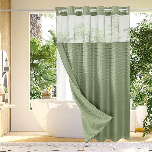 Gibelle No Hook Waffle Weave Shower Curtain with Snap-in Fabric Liner Set for Bathroom, Hotel Style with Mesh Top Window, Waterproof & Washable, Sage Green, 72x74