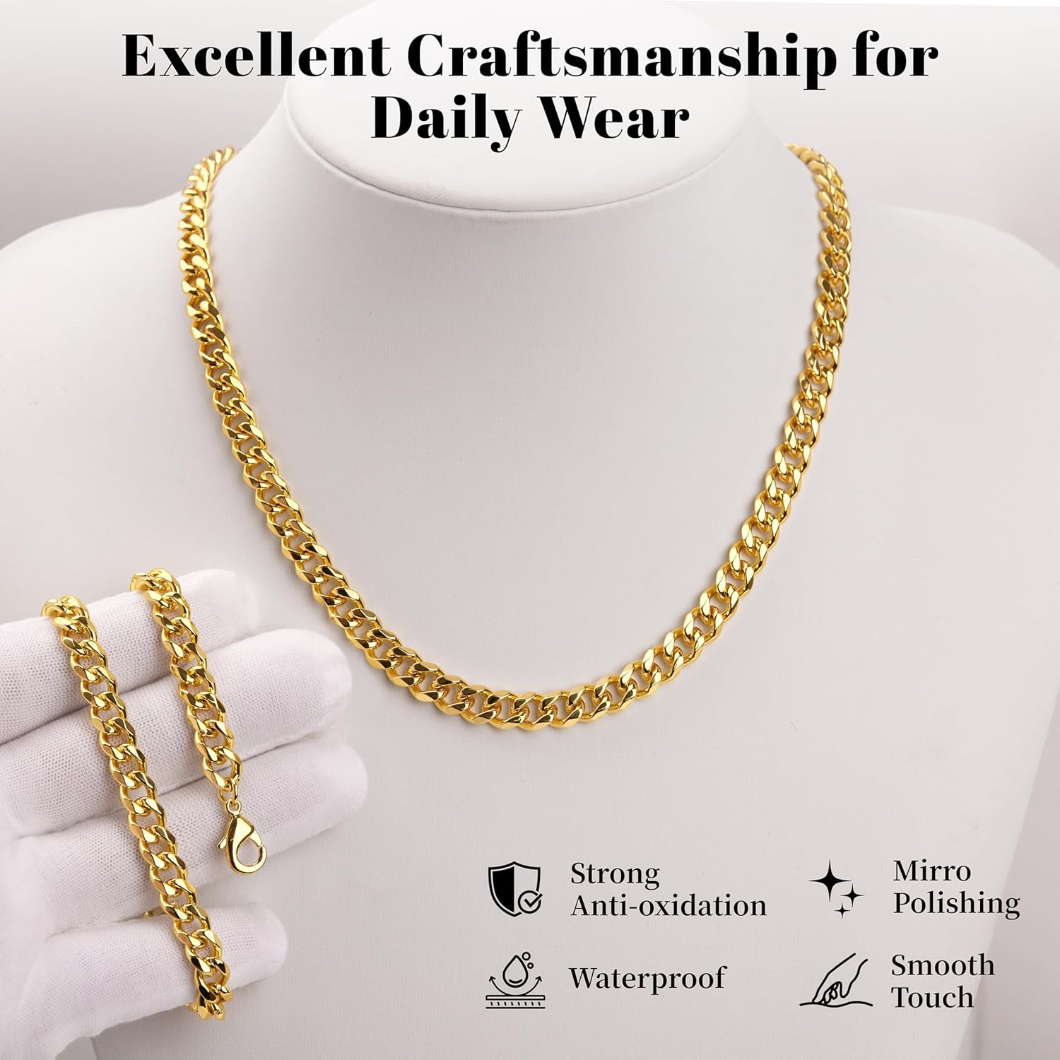 WomenGifts Cuban Link Chain Necklace for Women Men, Waterproof Stainless Steel 14K Gold Silver Plated Non Tarnish Choker, 3.5mm-11mm Widths form Dainty to Chunky, 14 16 18 Inch Lengths, Ideal Gift for Layering Stacking - Image 7