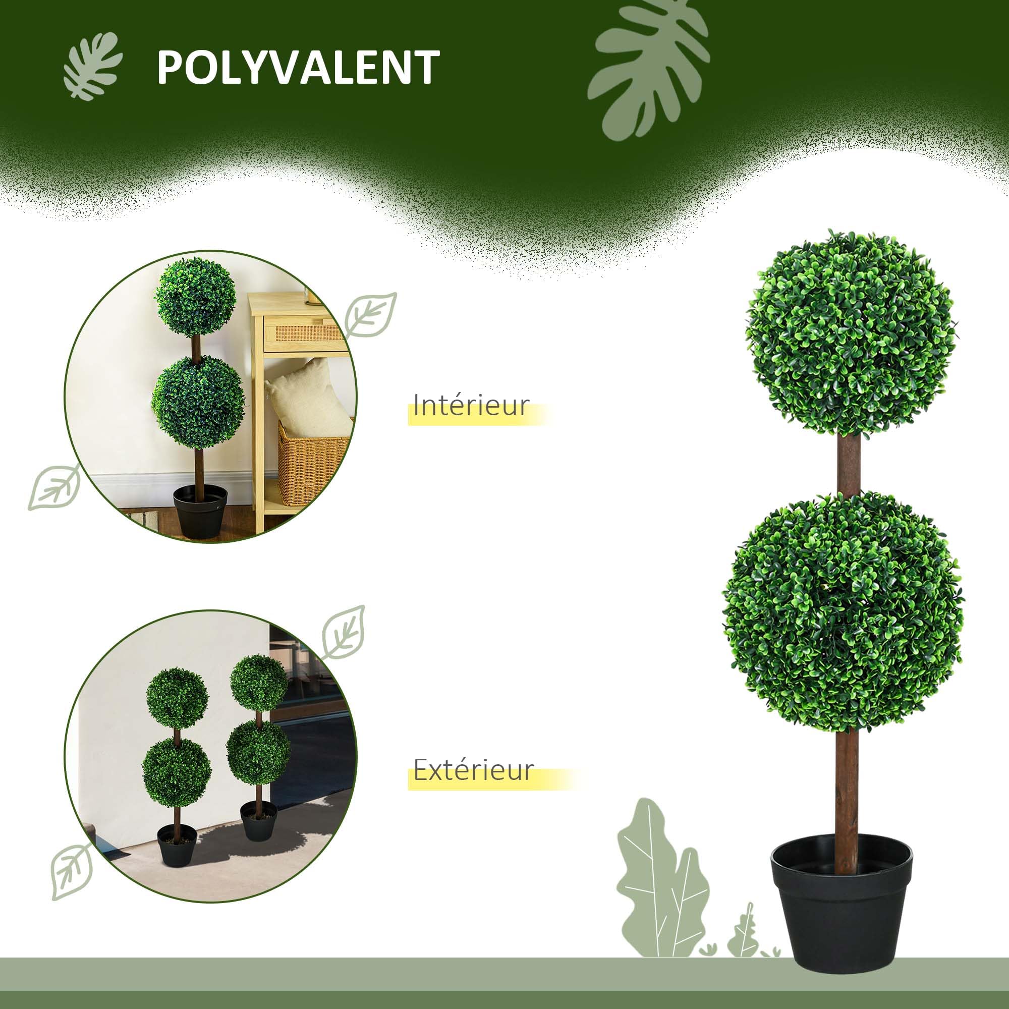 HOMCOM Lot de 2 Arbres Buis Artificiel Double Boules avec Tronc et Pot - Hauteur 90 cm Vert