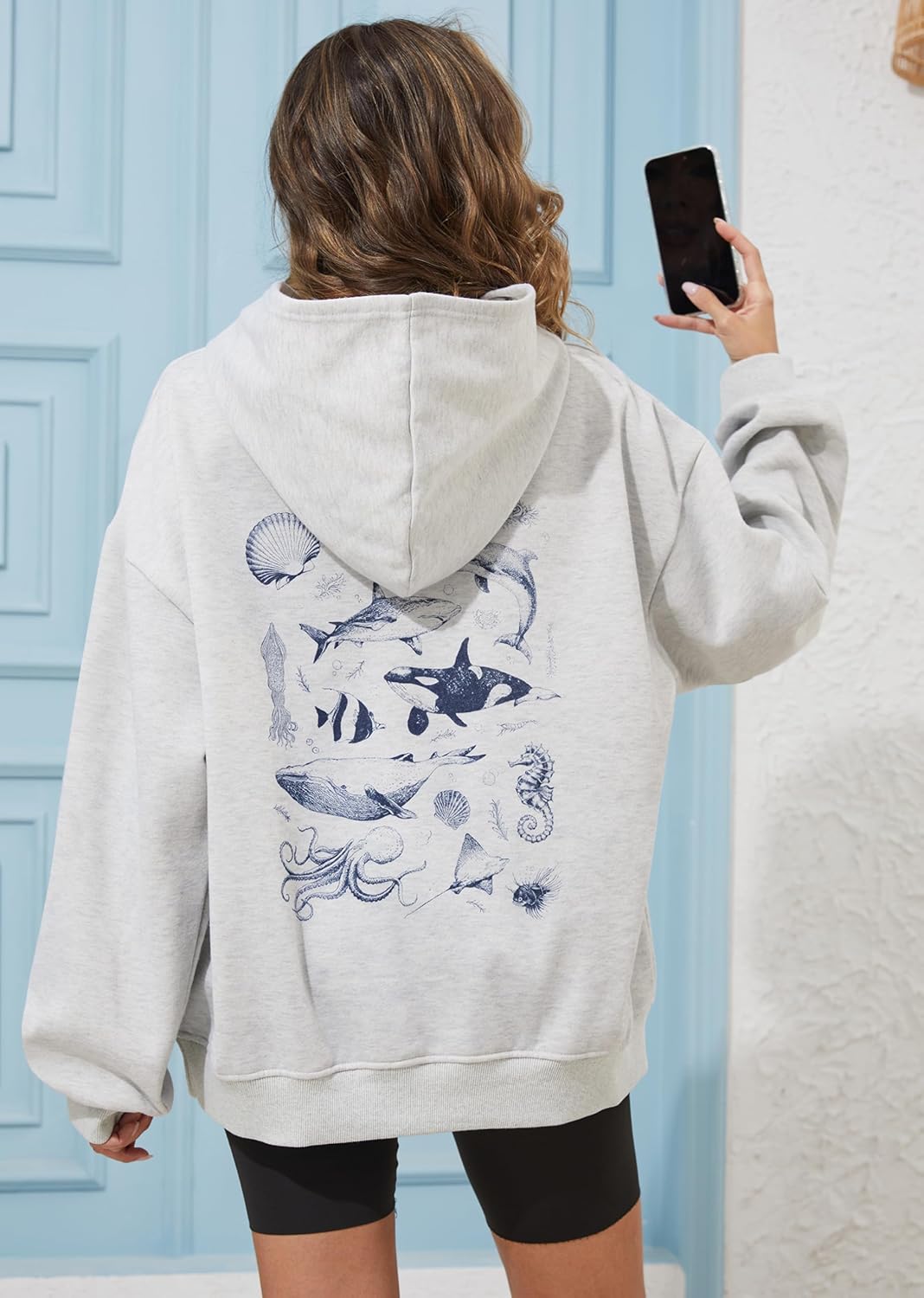 Womens Cute Embroidered Hoodies Flower Ocean Graphic Hooded Oversized Long Sleeve Teen Girls Y2k Pocket Sweatshirts - Image 2
