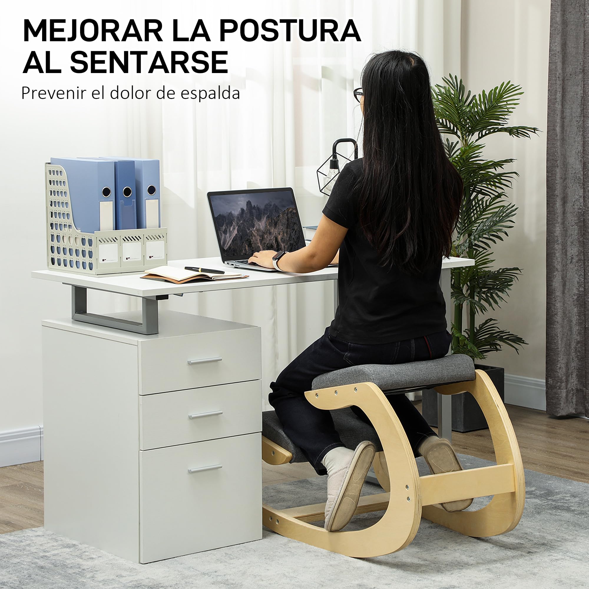 HOMCOM Silla Ergonómica de Rodillas, Silla de Rodillas de Madera, Taburete Ergonómico, Cojín Acolchado, para Mejorar la Postura, para Casa y Oficina, Gris