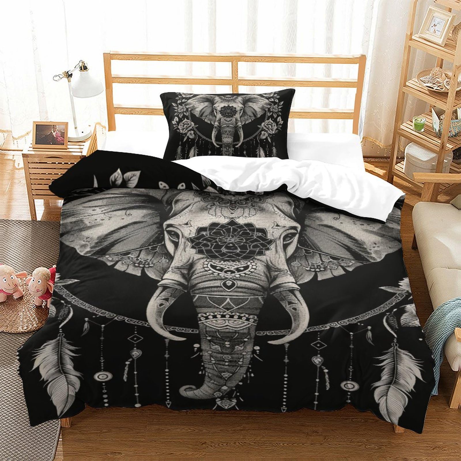 Parure de lit 135x200 éléphant en microfibre anti-plis pour lit simple ado