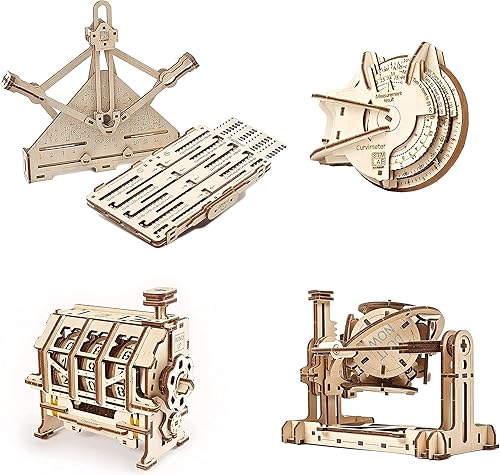 UGEARS Juego de 4 modelos STEM Math's - Kit aritmético, Curvimetral, generador aleatorio, contador - rompecabezas 3D mecánicos